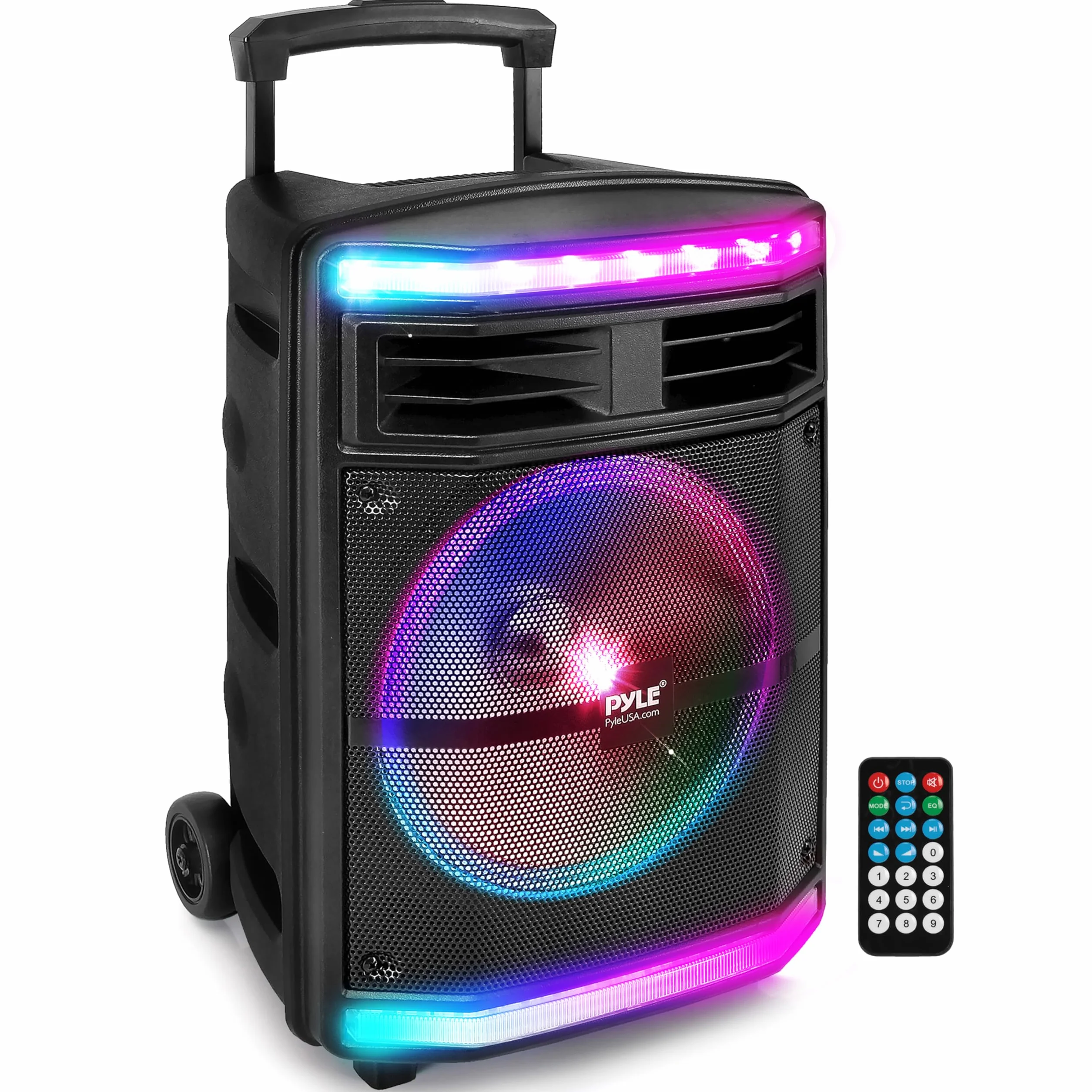 Pyle Speaker Bluetooth Portatile Ricaricabile da 600 Watt, Altoparlante Amplificato Portatile con Ingresso Microfono da 2,54cm, Luci da Festa, Lettore di Schede MP3/USB SD e Ruote Girevoli