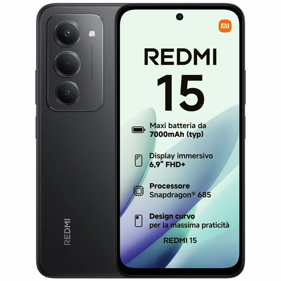 XIAOMI Redmi 15, Smartphone 8+256GB, DotDisplay FHD+ 144Hz da 6,9", Snapdragon 685, doppia fotocamera AI da 50MP, Batteria da 7000mAh, Garanzia di 2 anni, Nero, Caricabatterie non incluso