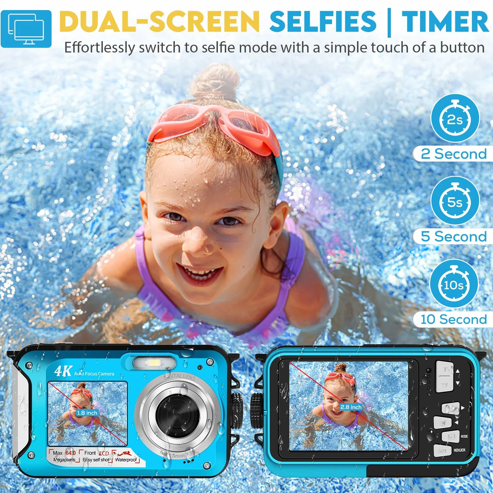64MP Macchina Fotografica Subacquea Con Scheda Di Memoria Da 32 GB, 4K Fotocamera Subacquea Con Autofocus E Doppio Schermo Selfie HD, 5 Metri Fotocamera Subacquea Digitale (2 Batterie)
