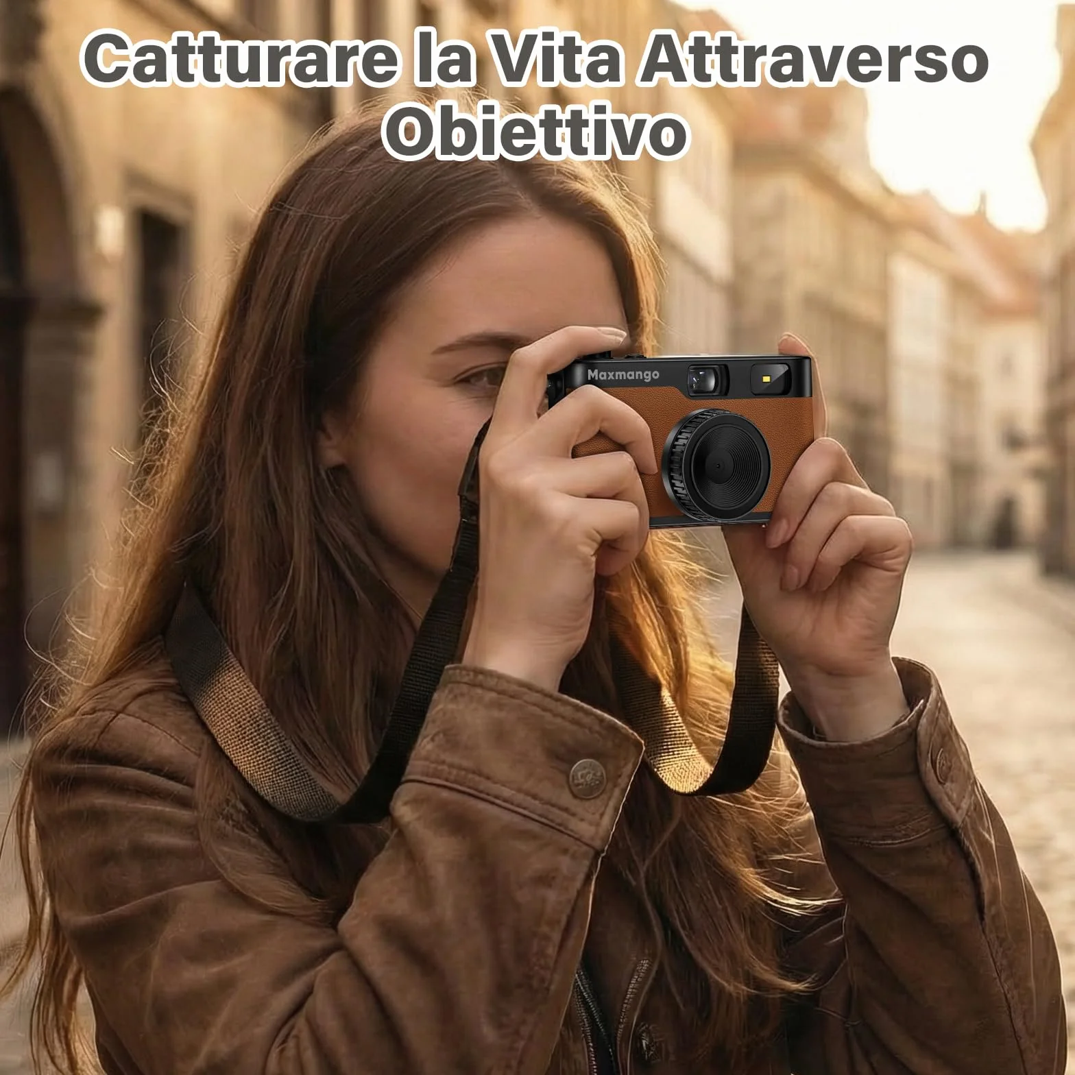 Maxmango D53 Fotocamera Digitale Compatta Senza Schermo, Fotocamera Vintage Retro 12 MP Catturare Momenti Reali, Filtri DIY Scaricabili, USB-C, Scheda SD da 8 GB Inclusa, Fino a 4000 Foto (Marrone)