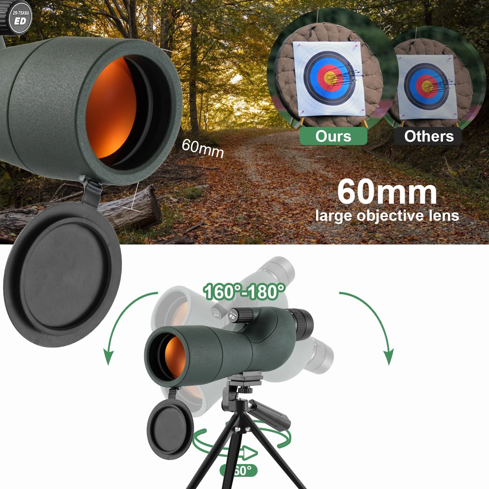 Cannocchiale, 25-75x60 Cannocchiale con Treppiedi, ED FMC Ottica Bak4 Prisma IPX7 Impermeabile Telescopio Spotting Scope con Smartphone Adapter per Tiro a Segno, Birdwatching, Caccia