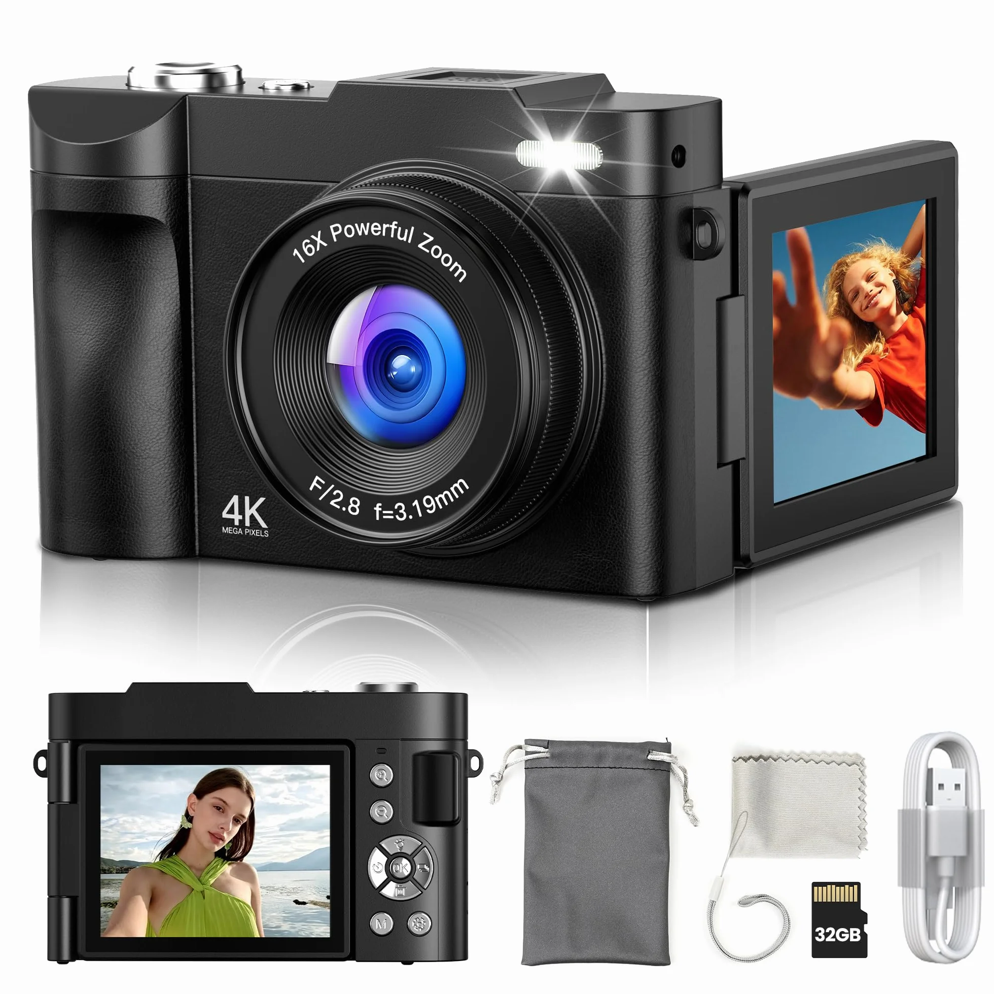 Macchina Fotografica Digitale 4K Ultra HD: 50MP Fotocamera Macchine per Principianti - Flip 180° Videocamera con Scheda di Memoria Da 32GB - Digitale Camera con Autofocus 16X Zoom