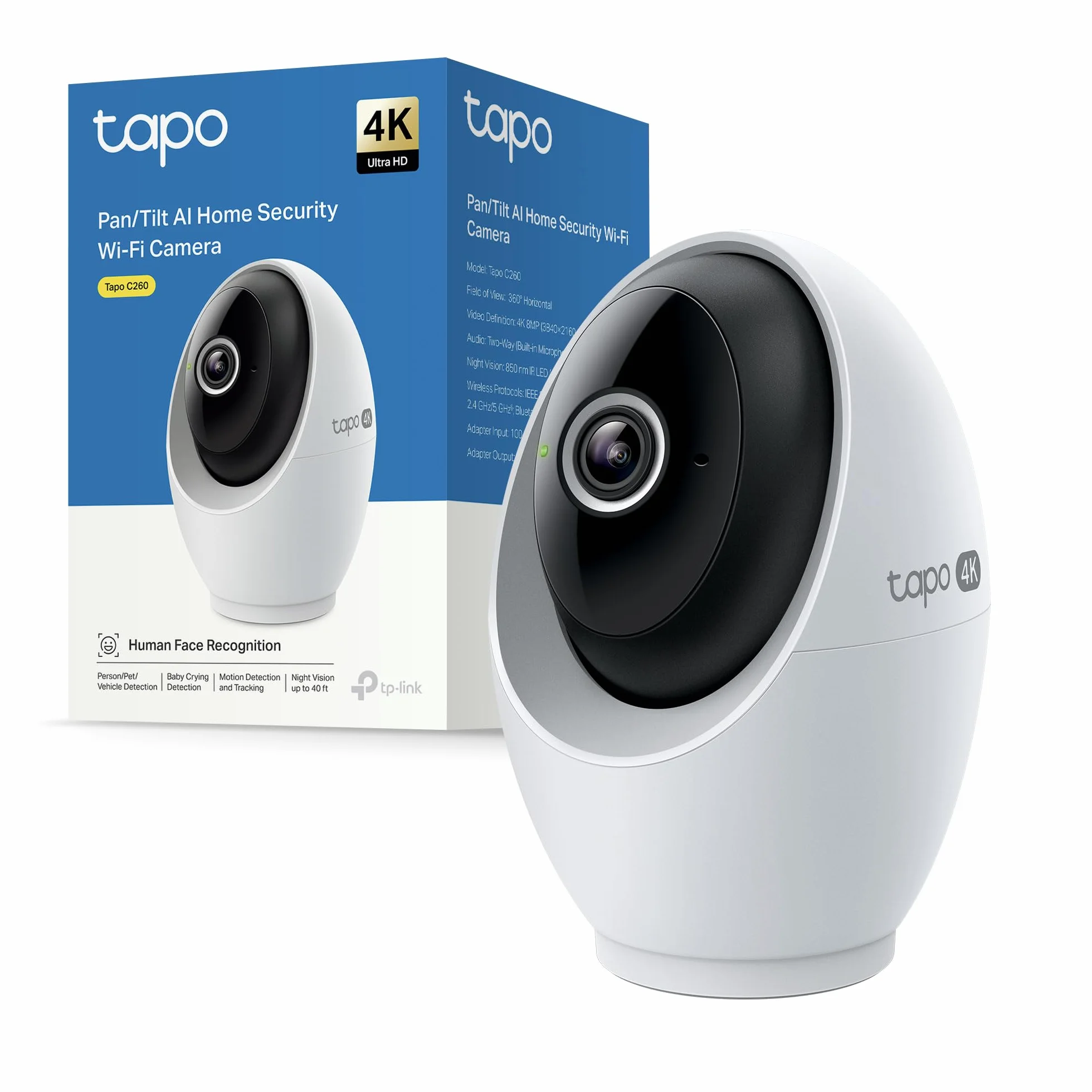 Tapo C260 4K 8MP Telecamera WiFi Interno, Rilevazione e Notifiche Smart AI, Riconoscimento Facciale, Visione Notturna Migliorata, Compatibile con Alexa, Modalità Avanzata di Privacy, Block Zones