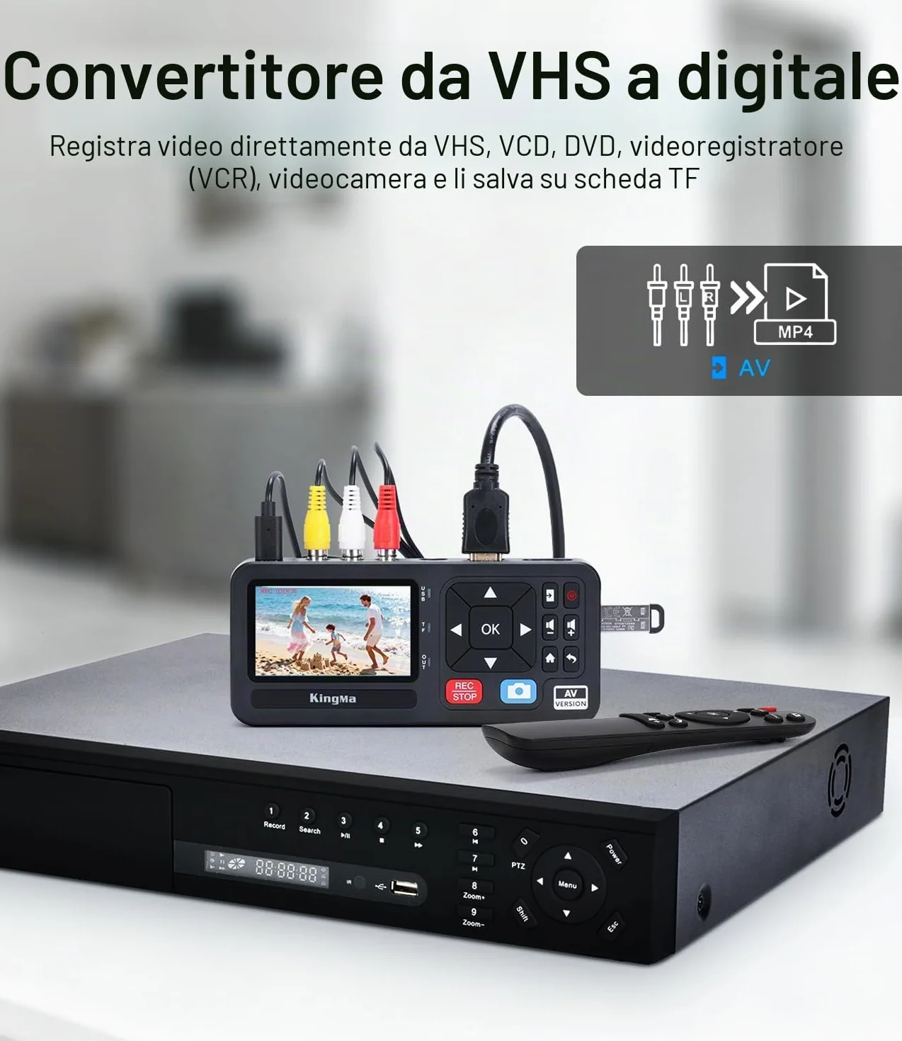 King Ma Digitalizzatore video 3" 1080P 30FPS VHS RCA VCR DVD Hi8 videocamere giochi TF SD USB