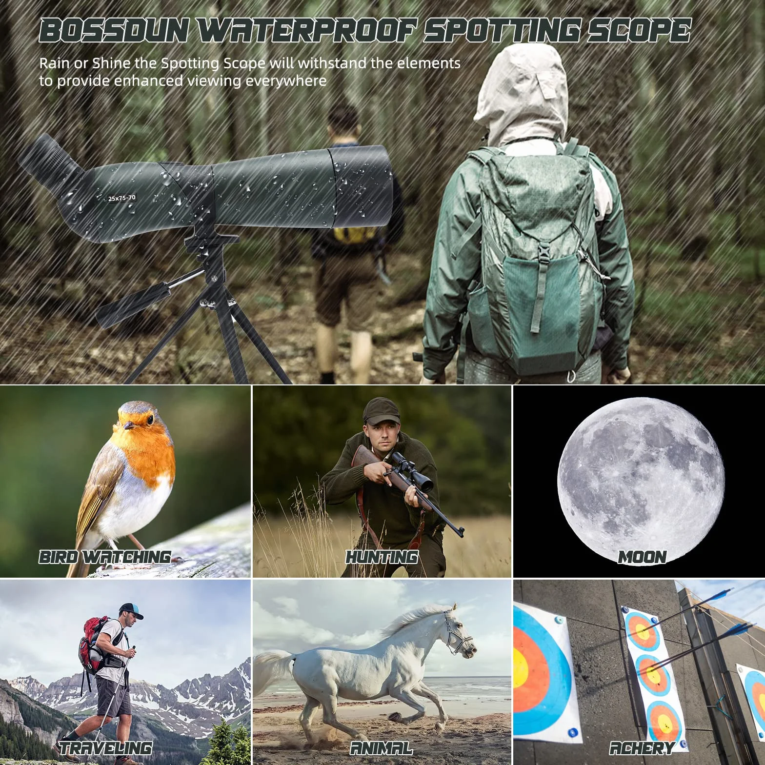 25-75x70 Cannocchiale con Treppiede, Borsa per il Trasporto e Adattatore per Smartphone - Cannocchiale Monoculare Impermeabile per Birdwatching, Tiro a segno, Tiro con Arco, Caccia