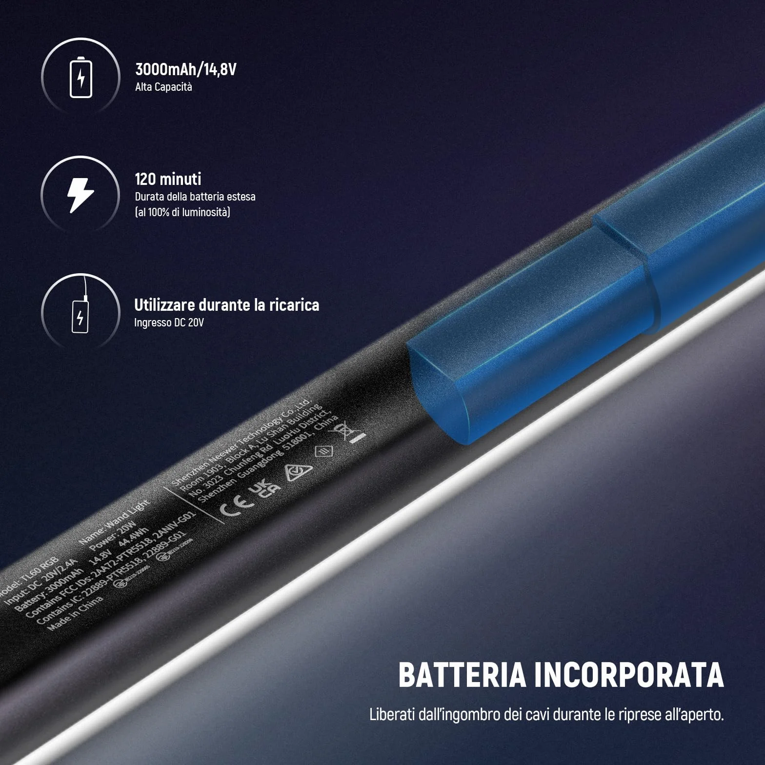 NEEWER TL60 Luce Tubo RGB, Barra Luminosa per Video a LED RGBWW a Colori Completi da 20W per Foto Studio Riprese Streaming, Controllo APP/2.4G/DMX, 7 Effetti Pixel 18 Scene, 2500-10000K CRI97+ TLCI98+
