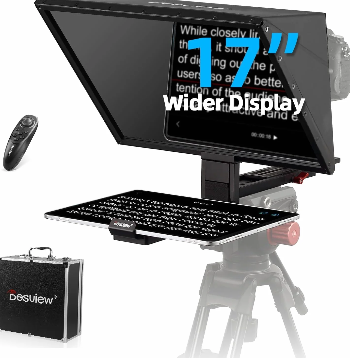 Desview TP170 Teleprompter 17 pollici, lega di alluminio High Display vetro sollevabile con telecomando e app per iPad/DSLR/videocamera, obiettivo grandangolare, registrazione video