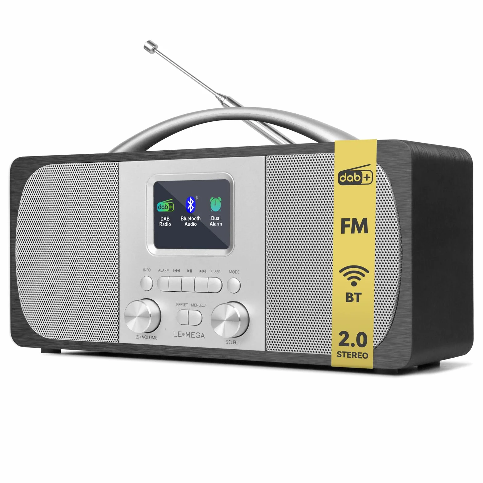 LEMEGA DR6 Radio Stereo Digitale DAB/FM,Radiosveglia con Bluetooth,Alimentazione a Batterie o Corrente,Radio DAB+ Elegante per Cucina o Camera con Struttura in Legno e Pannello Frontale in Metallo