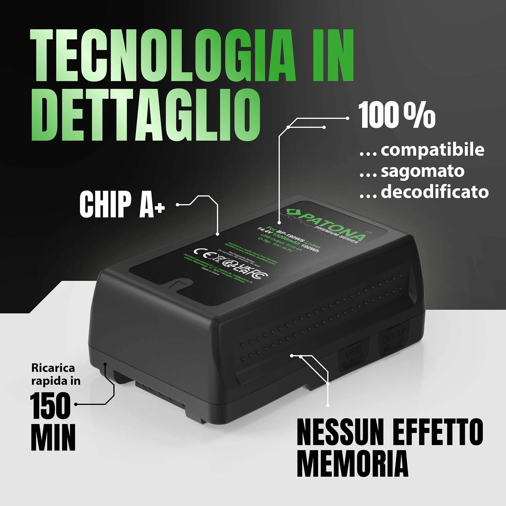 PATONA Premium Batteria V-Mount 190Wh (14,4V 13200mAh) – sostituisce Sony BP-190WS BP-GL95 BP-GL65 – con D-Tap e uscita USB, indicatore LED – per camcorder broadcast, URSA e luci video