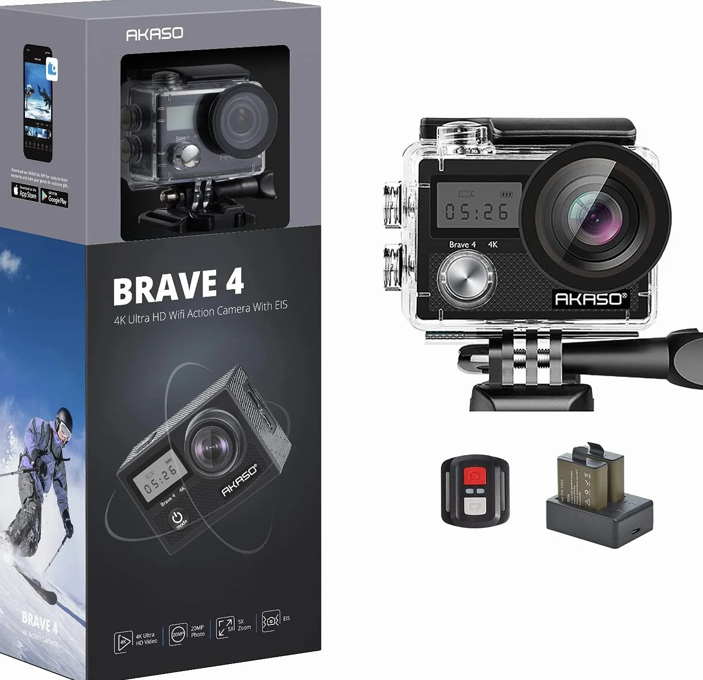 AKASO Brave 4 4K30fps 20MP Action CamFotocamera Subacquea 20MP WIFI Telecomando Ultra HD con Action Cam Stabilizzata EIS 30M Videocamera Subacquea Impermeabile con 5xZoom