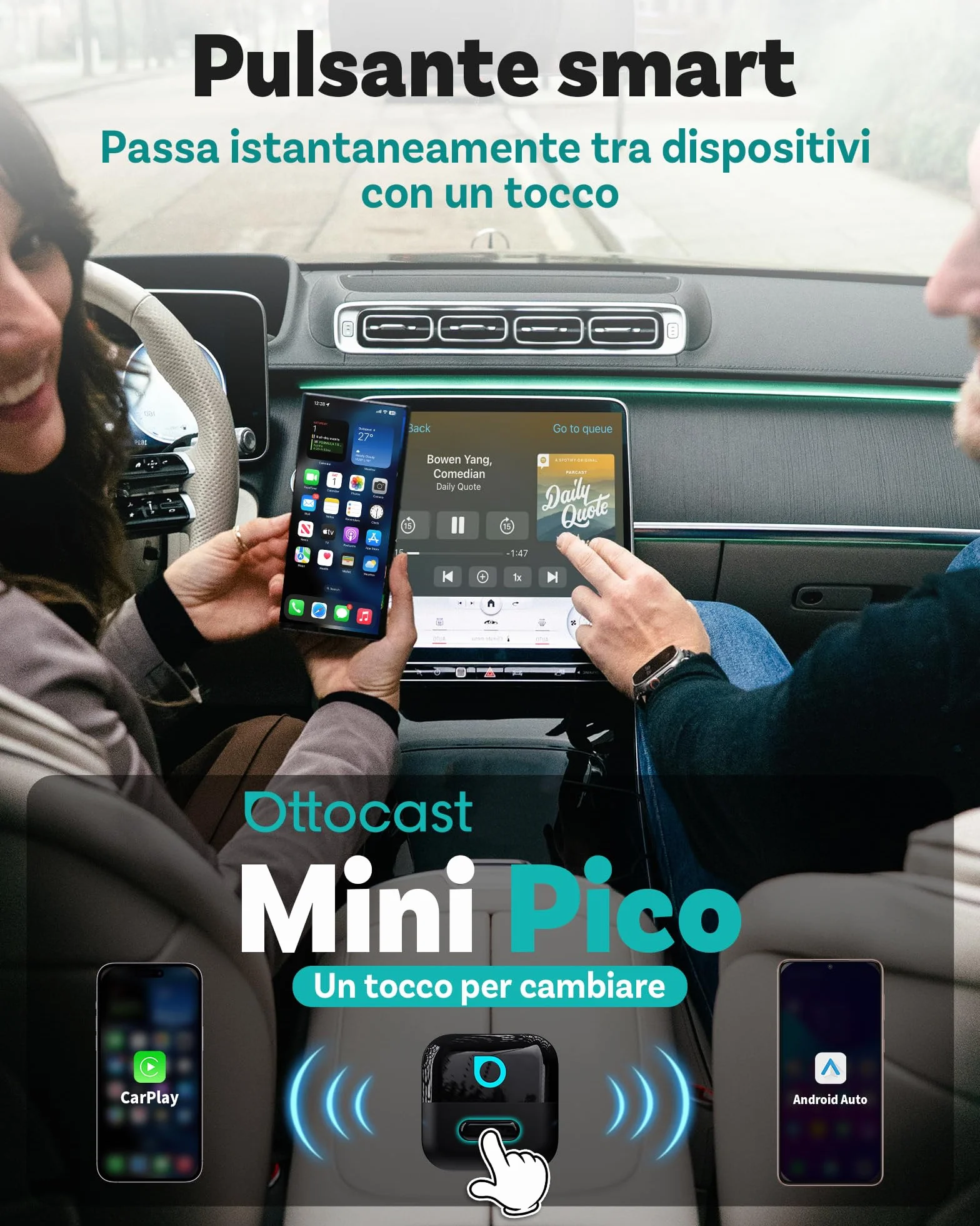 OTTOCAST Mini Pico 2026, Adattatore CarPlay Wireless Android Auto, WiFi 6 & Bluetooth 5.4, Riconnessione in 5 Secondi, Plug & Play USB, Per Auto con CarPlay Cablato OEM 2016+