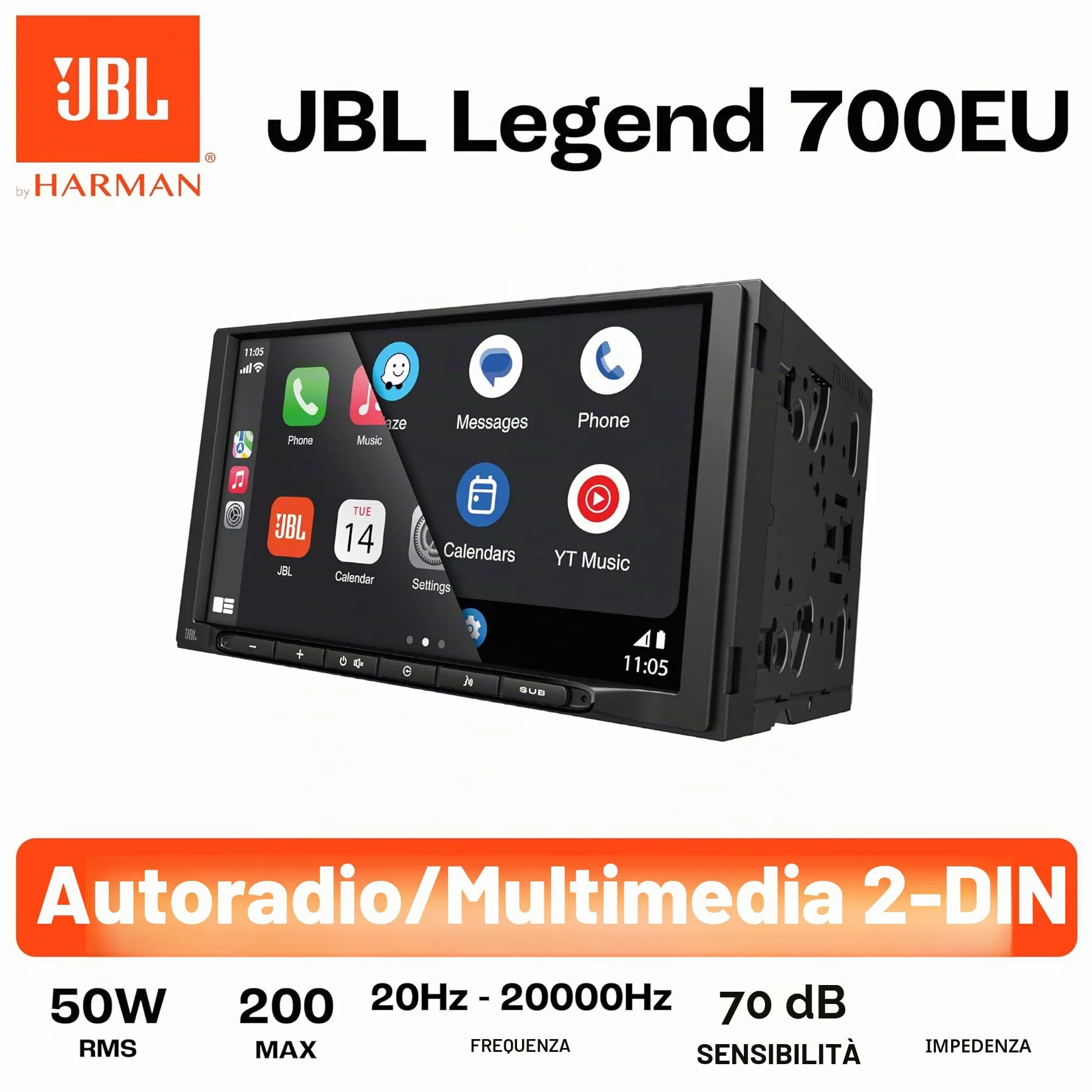 JBL Legend 700 autoradio 2-DIN multimediale, schermo touchscreen 7 pollici, Apple CarPlay & Android Auto wireless, Bluetooth, 4x50 W, preout 4V, FLAC, equalizzatore parametrico