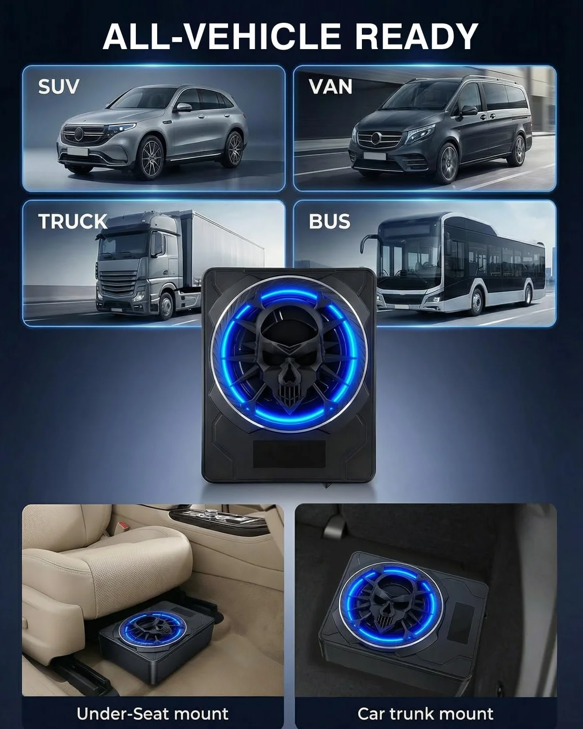 Subwoofer attivo per auto, montabile sotto i sedili, potenza massima 1200W, 10", modulo amplificatore integrato, design compatto ed elegante, illuminazione ambientale RGB controllata tramite APP