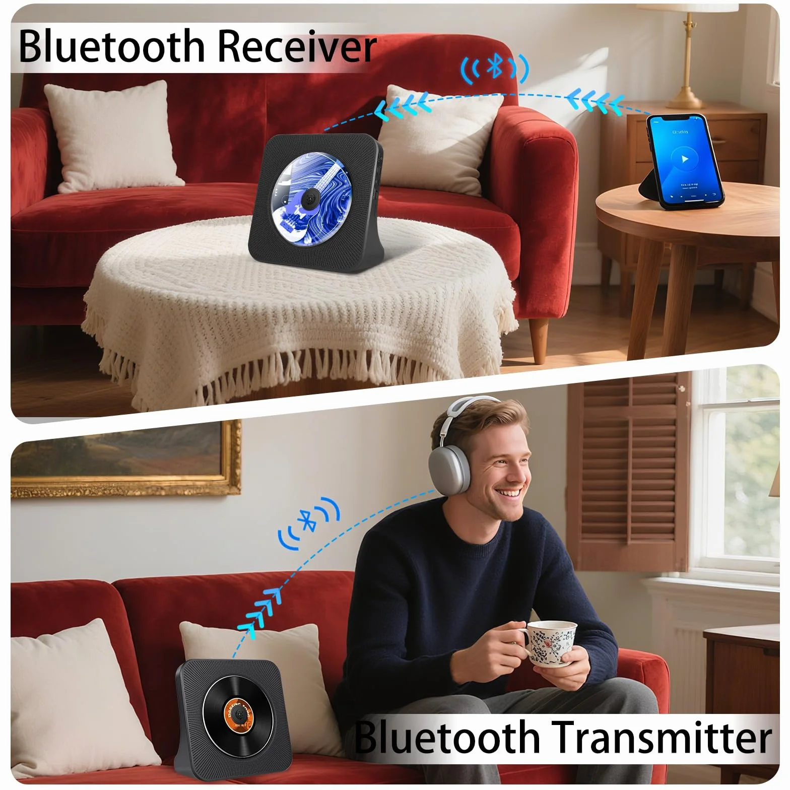 Lettore CD portatile con Bluetooth 5.0, lettore CD domestico con doppi altoparlanti stereo integrati, lettore musicale portatile per auto con Audio Boombox/AUX/USB