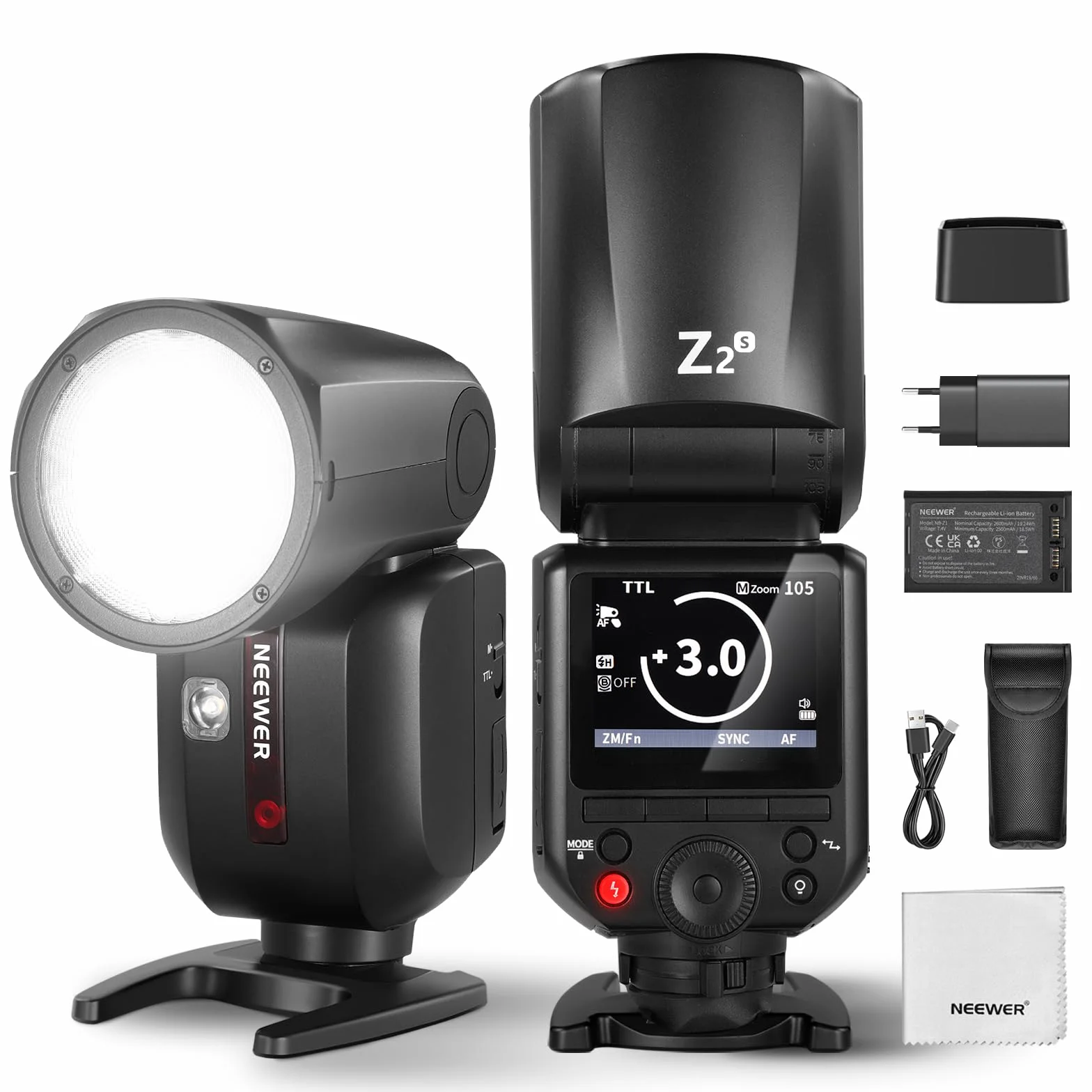 NEEWER Z2-S Flash Speedlite TTL a Testa Rotonda 2,4G per Sony da 76W con Nuova UI, Lampade Pilota, Cambio Rapido TCM TTL/M, HSS 1/8000s, Batteria 2600mAh, 480 Flash a Piena Potenza, Panno per Pulizia
