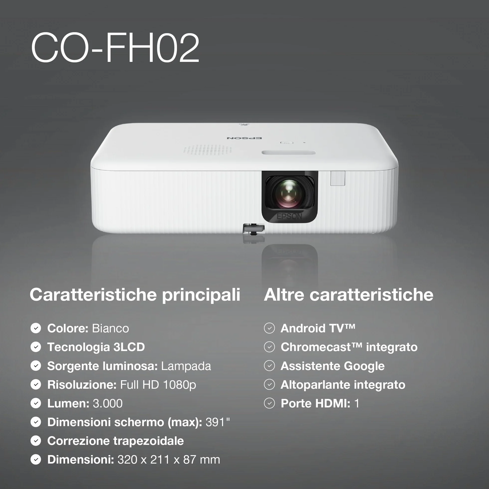 Epson CO-FH02 Videoproiettore Smart TV Full HD 1080p Android TV 3LCD 3000 lumen Bianco