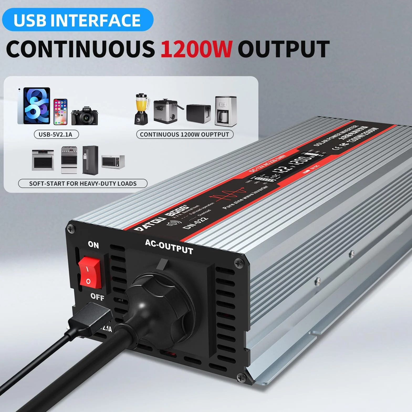DATOUBOSS Inverter 12V 220V/230V Onda Sinusoidale Pura 1200W/2500W Convertitore di Tensione con Prese EU, Porte USB e Display LED per Auto, Camion, Roulotte, Elettrodomestici, Grigio
