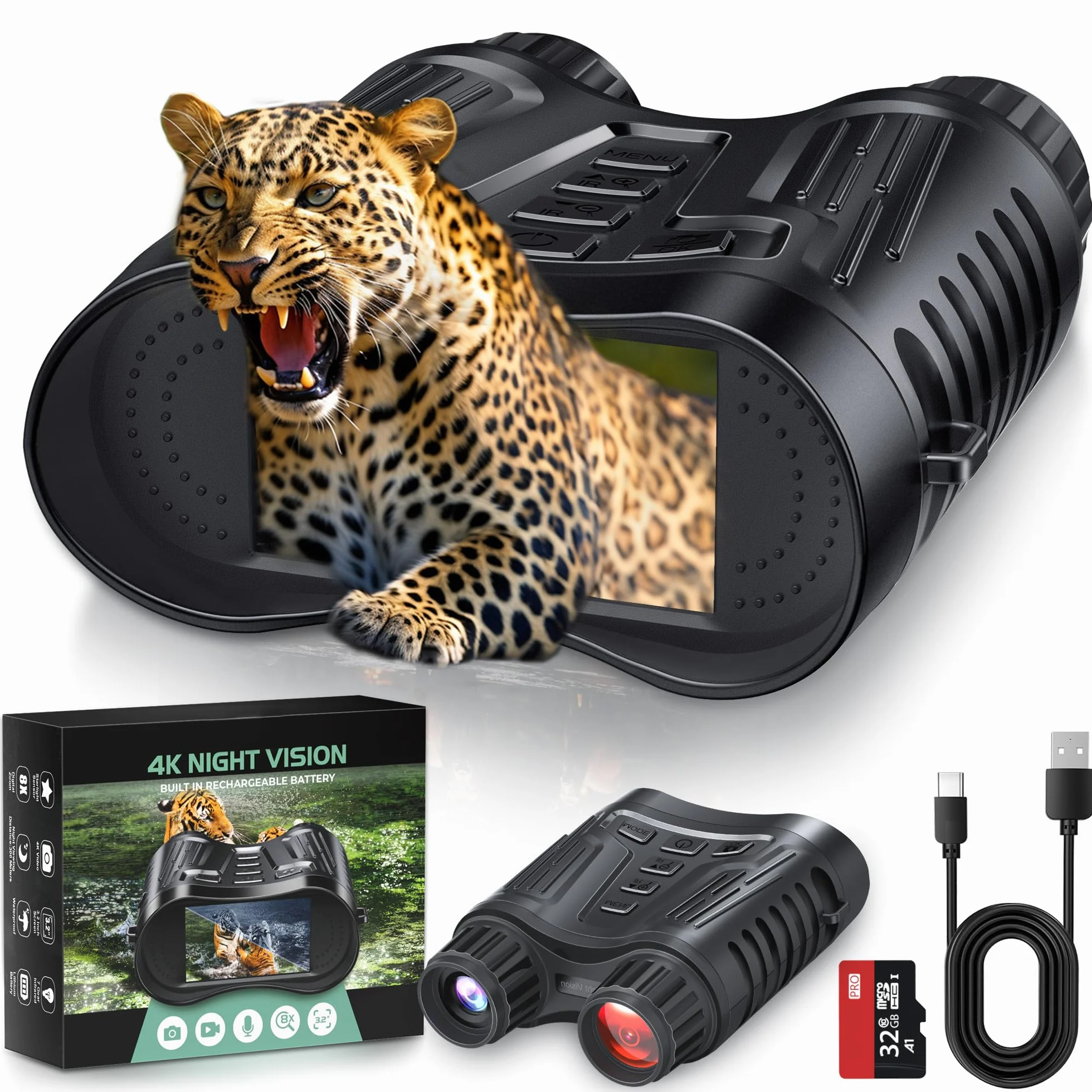 Letcmoi Binocolo Visione Notturna - 7L Infrarossi Visibili 300M al 100% di Oscurità con Zoom Digitale 8X, Ricaricabile da 2600 mAh, con Scheda TF 32GB, per la Caccia, per Adulti