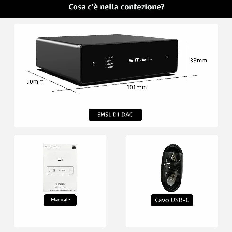 SMSL D1 DAC Hi-Res Audio Rohm BD34352EKV 768kHz/32bit DSD512 MQA USB/Optical/Coaxial RCA SNR126dB