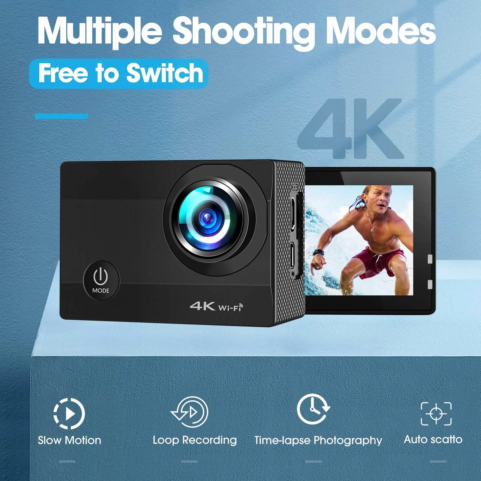 Action Cam 4K, videocamera subacquea da 20MP 50FPS Wi-Fi 40M con schermo touch screen IPS da 2", grandangolo Ultra HD 170°, telecomando, 2 batterie ricaricabili