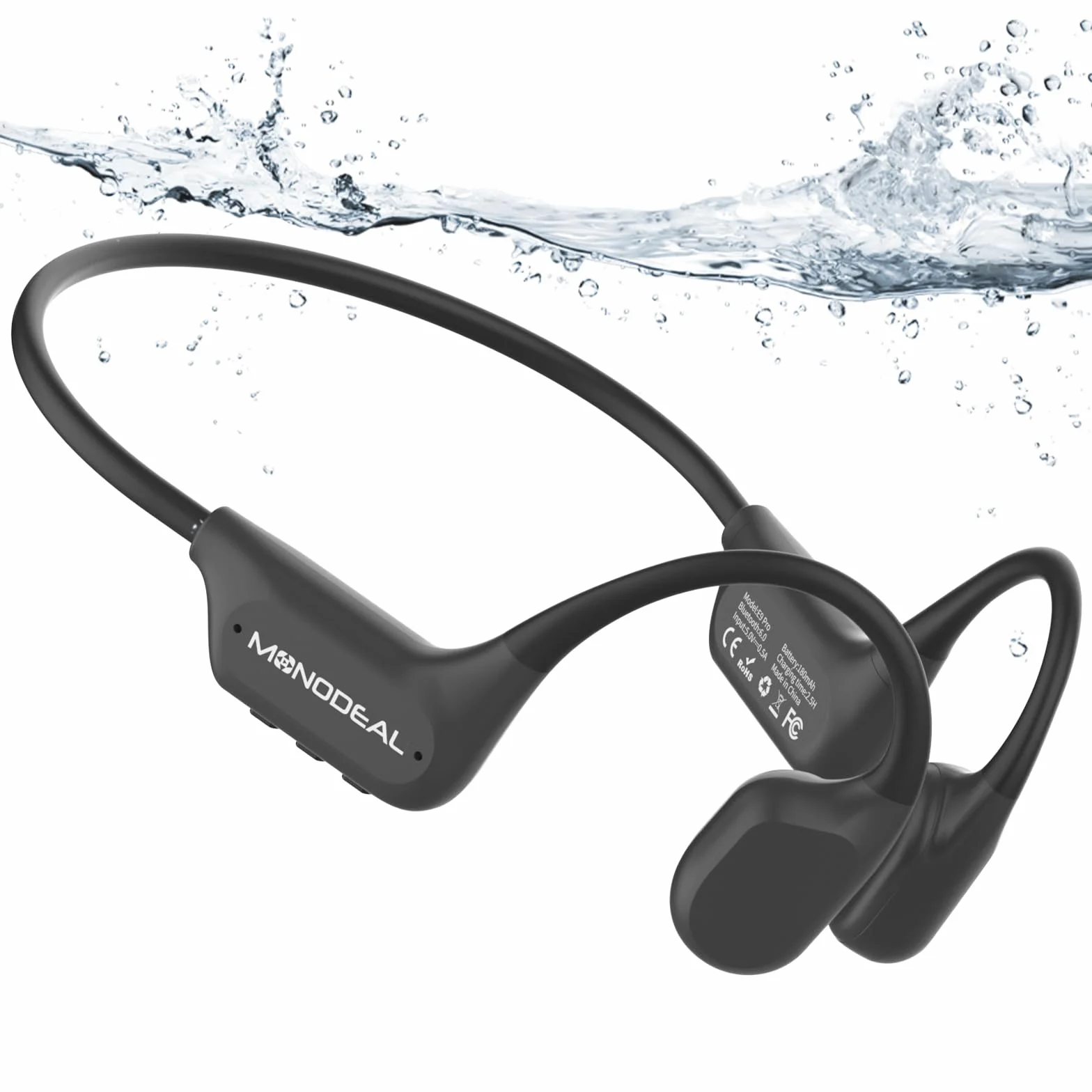 MONODEAL Cuffie Conduzione Ossea Subacquee per Piscina IPX8 Impermeabile Bluetooth 6.0 Auricolari MP3 Subacqueo 16G Auricolari Sport per Nuoto, Corsa