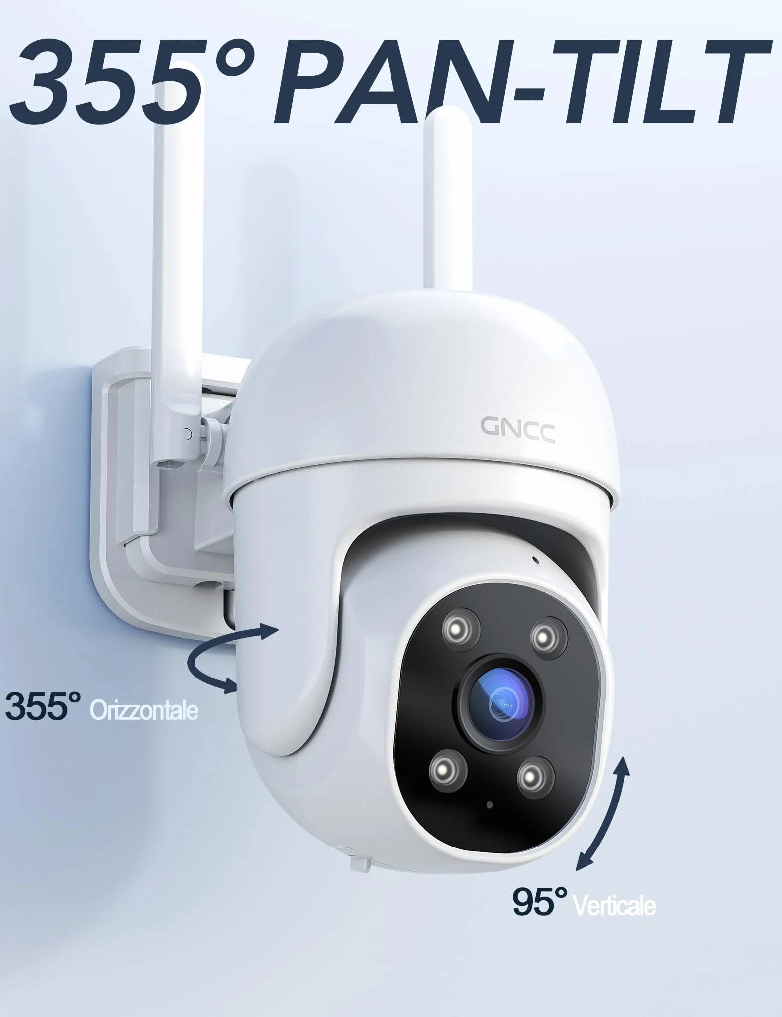 GNCC GK2 Kit 2 Telecamera Wi-Fi Esterno, 1080P Videocamera, 360° PTZ, Rilevamento Movimento, IP65, Tracciamento Movimento, MicroSD fino a 128GB, Servizi Cloud Opzionali, Solo WiFi a 2,4 GHz, Plug-in