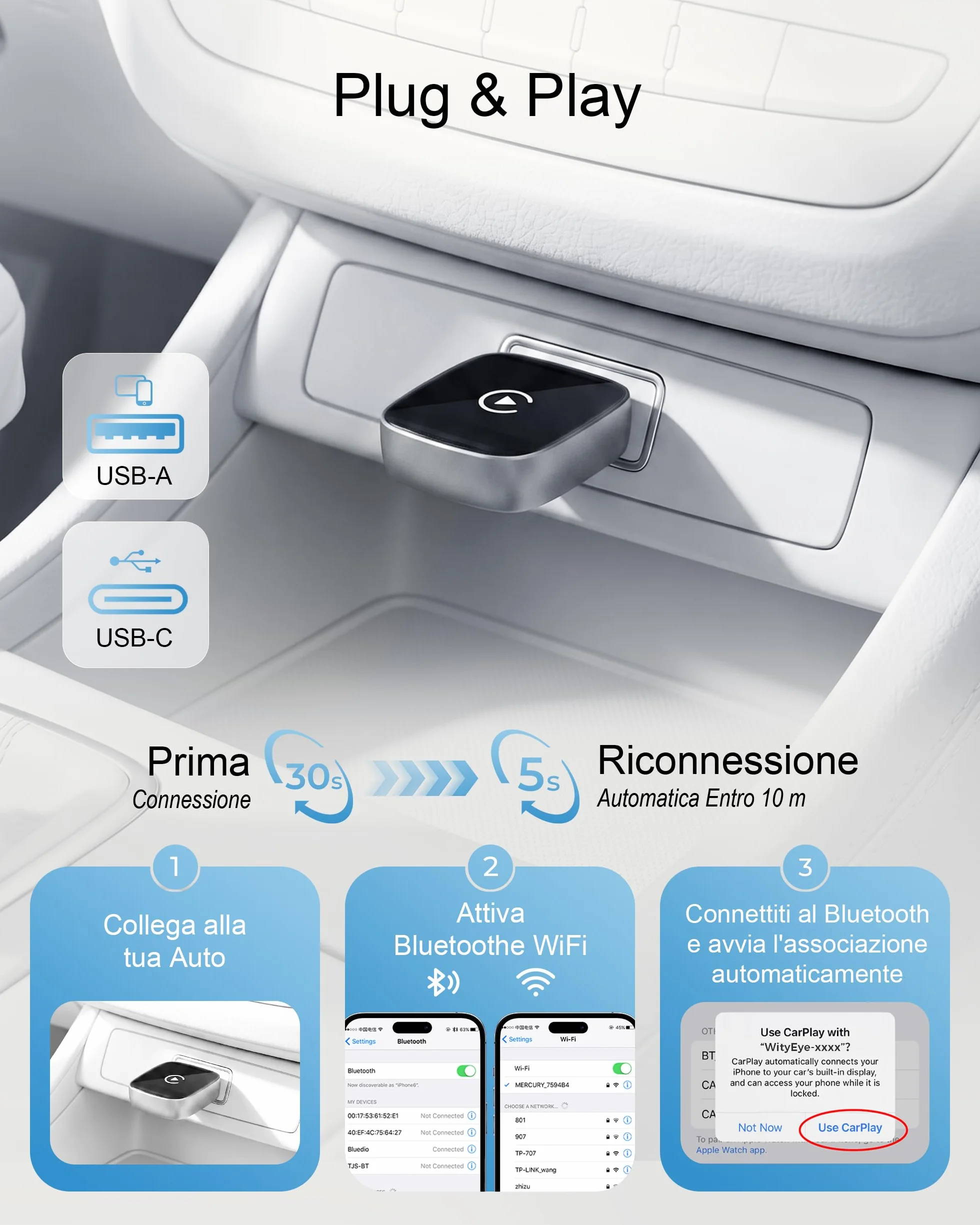 Adattatore CarPlay Wireless Dual Core Wi-Fi 5.8 GHz Bluetooth V5.3 per Apple iPhone iOS 10+ Veicoli CarPlay Cablata 2016