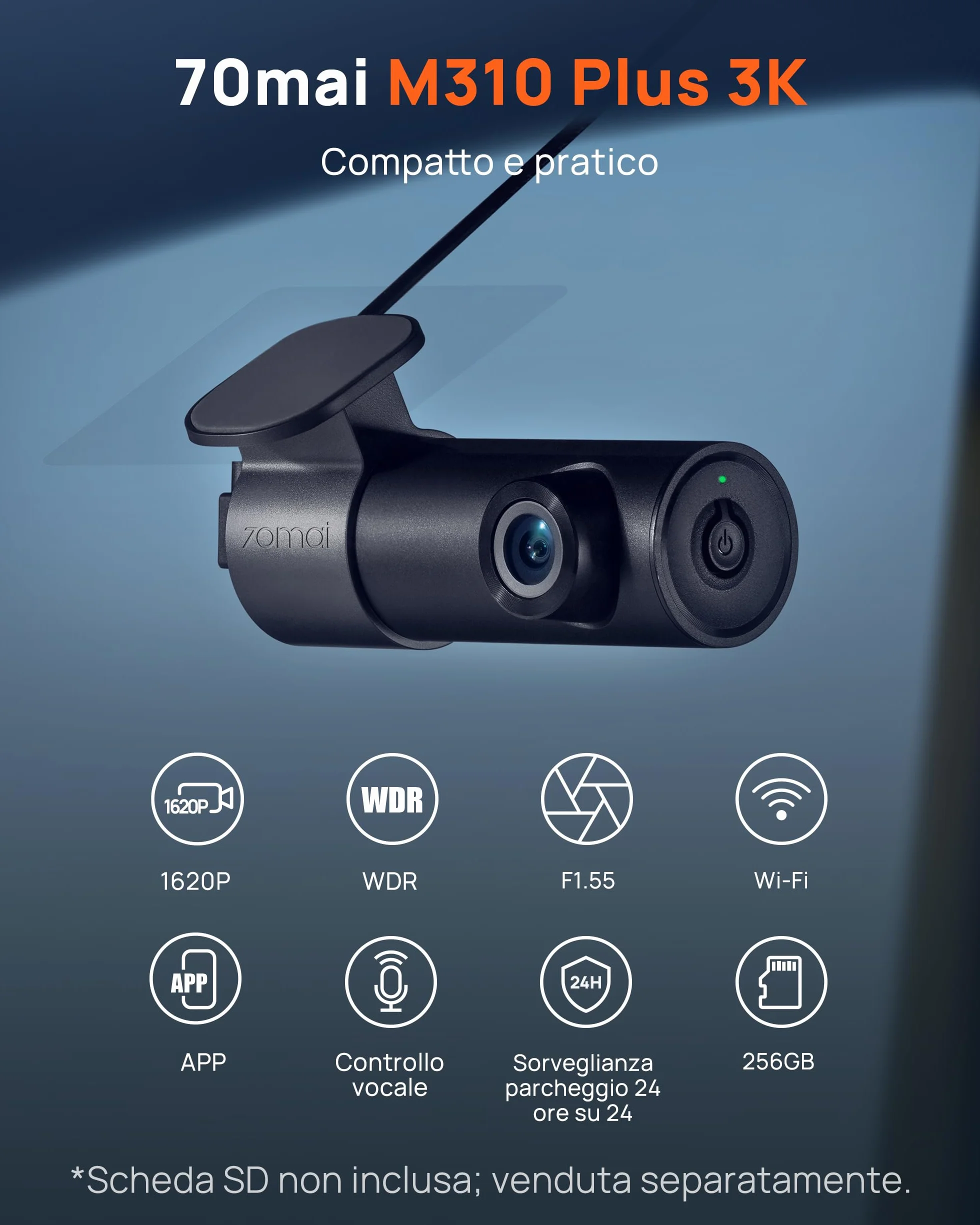 70mai Dash Cam M310 Plus 3K 1620P, WiFi, Visione Notturna, Registrazione Time-lapse, WDR, Modalità Parcheggio, Max 256 GB
