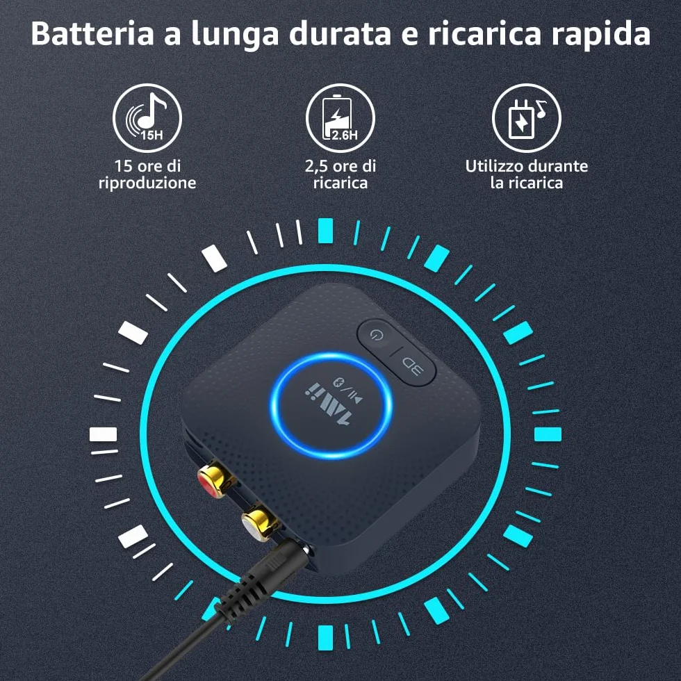 1Mii B06HD Ricevitore Audio Bluetooth 5.3, Adattatore Bluetooth per Sistema Stereo HiFi Domestico, con Audio Surround 3D a Bassa Latenza aptX HD, 15 Ore di Riproduzione, Jack AUX RCA da 3.5mm