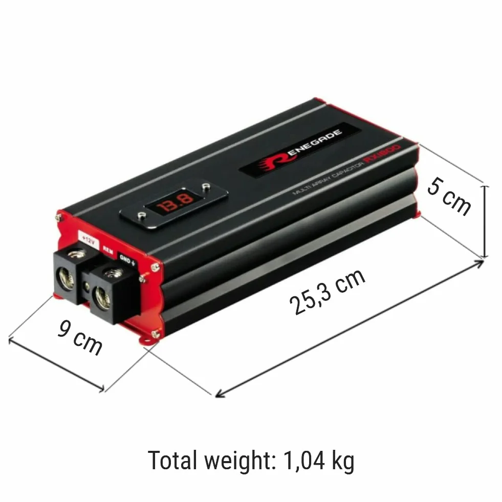 1 RENEGADE RX1800 power cap condensatore car audio 18 farad per impianti fino a 18000 watt rms 1 2 3 4 5 10 capacitor auto spl nero, 1 pezzo