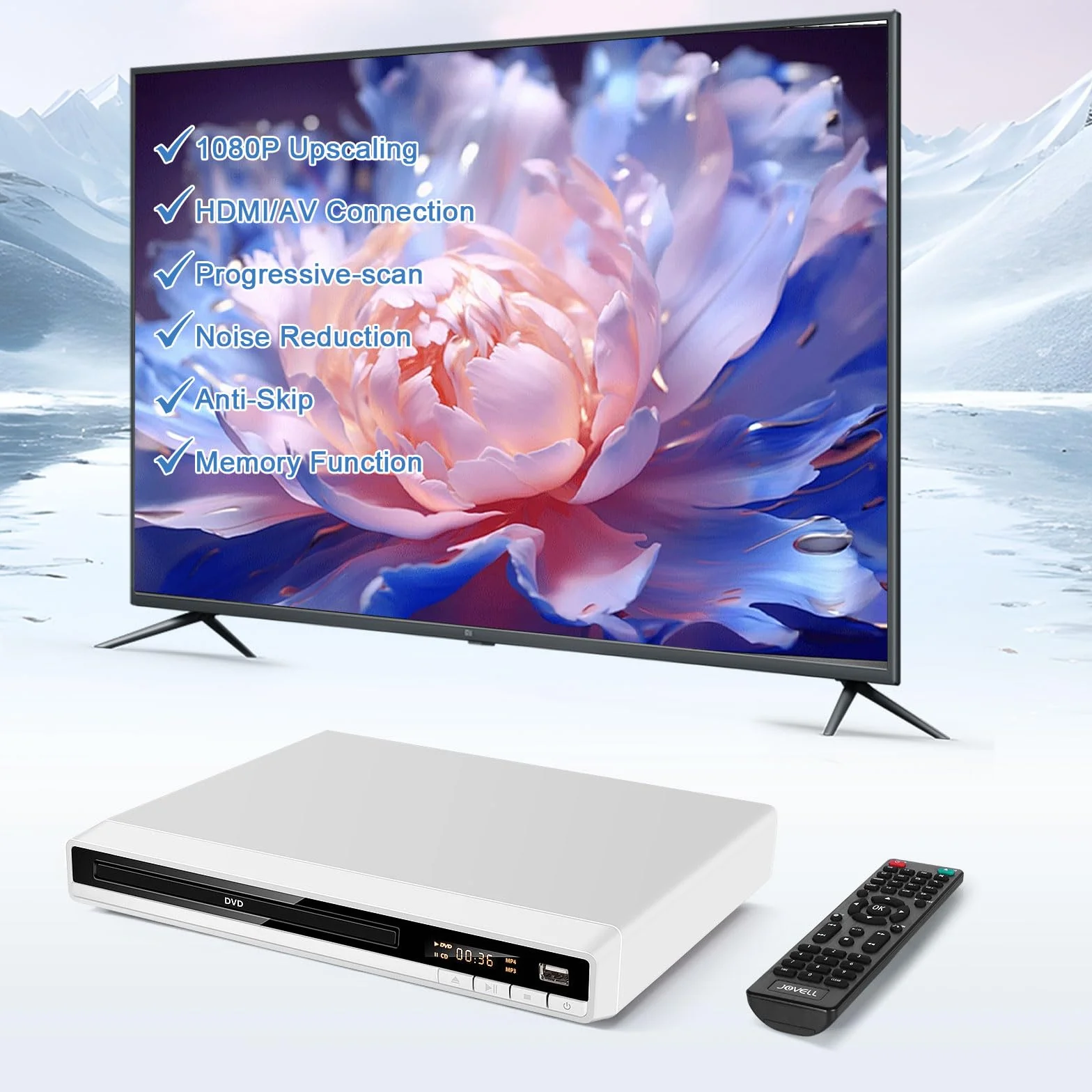 Lettore DVD Multiregione con HDMI per TV | JOVELL Riproduttore CD MP3 con Ingresso USB | Include Telecomando e Cavi HDMI/RCA | Perfetto per Film Familiari, Riproduce Tutte le Regioni (Bianco)