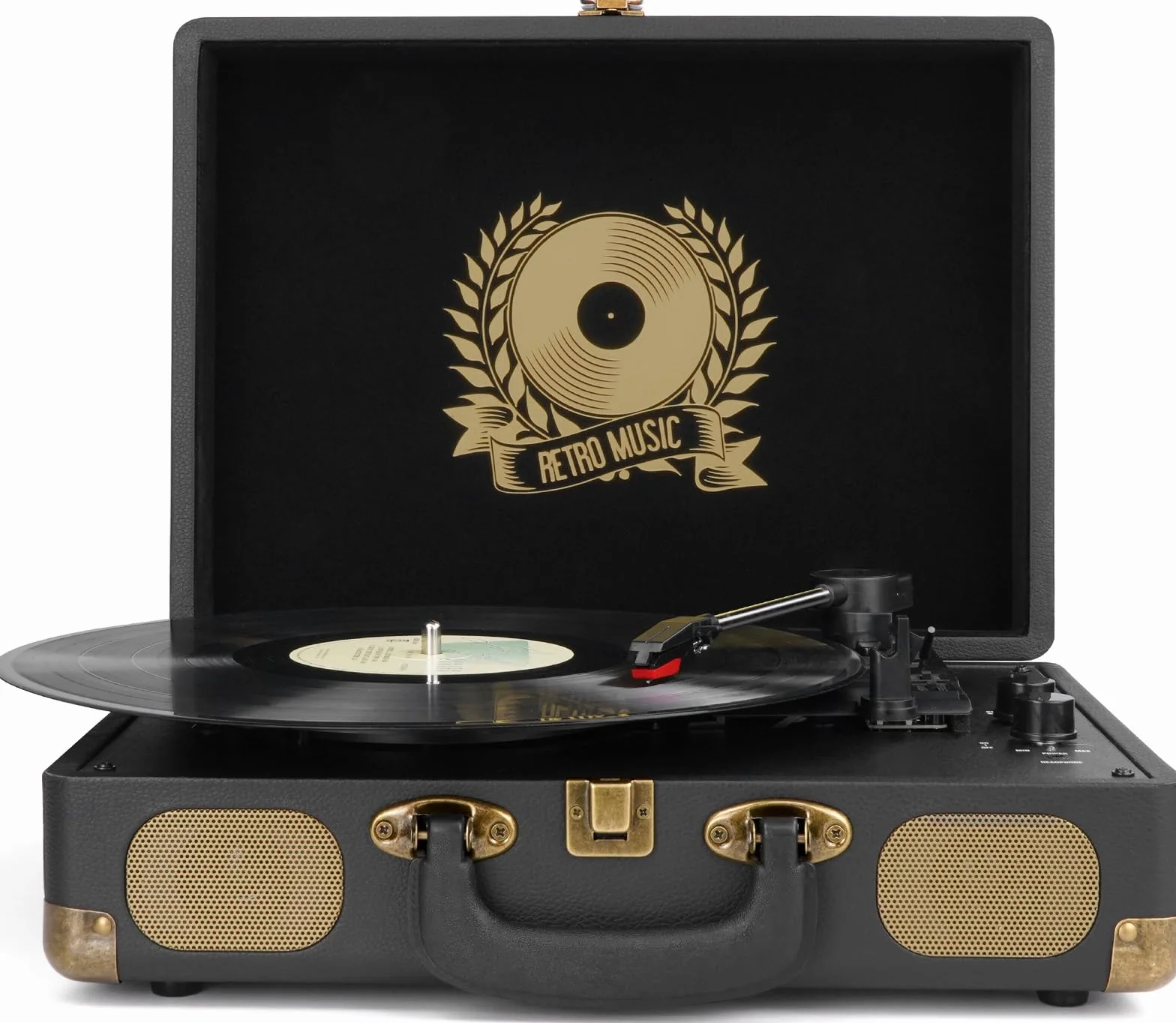 Giradischi in vinile Bluetooth portatile 3 velocità USB MP3 vintage valigia con altoparlanti integrati nero