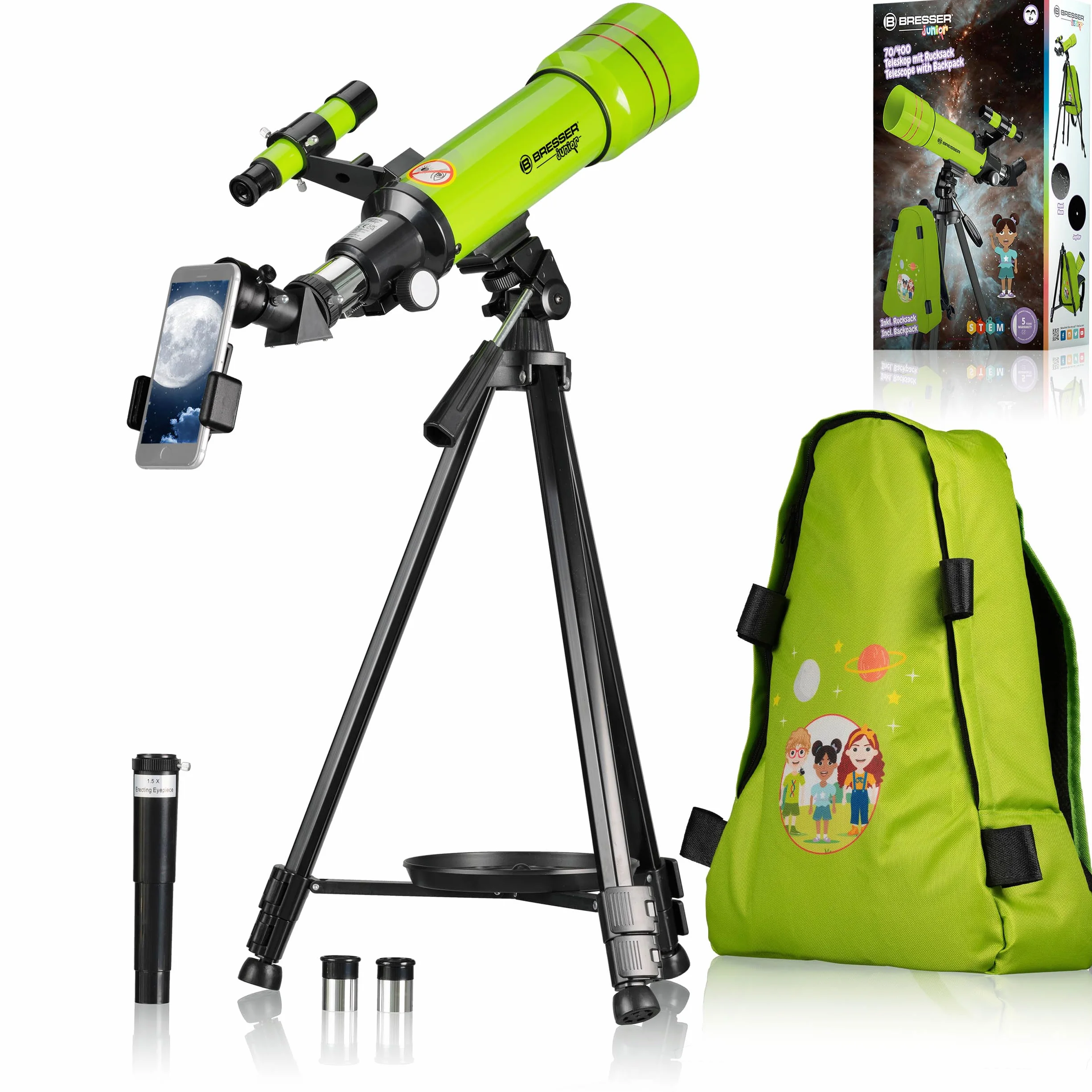 Bresser Telescopio per bambini Junior 70/400 telescopio per bambini dai 8 anni in su, astronomia principianti, telescopio con zaino, accessori e supporto per smartphone, cielo notturno, verde