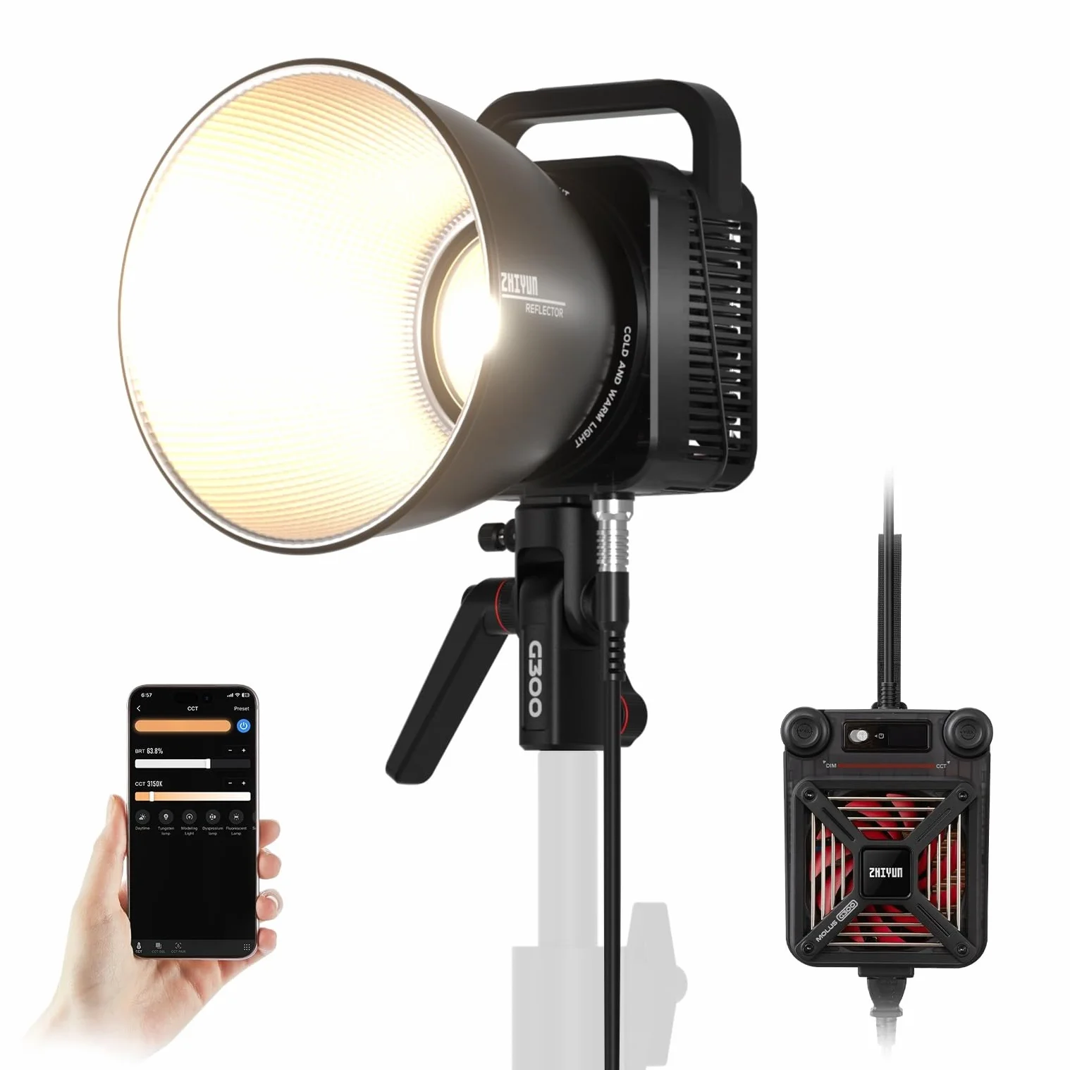 ZHIYUN MOLUS G300 [Ufficiale] 300W Luce Video LED Fotografica con Bowens Mount, Luce Portatile con Controllo ZY Vega APP, 15500LuxLux/m 2700K-6500K
