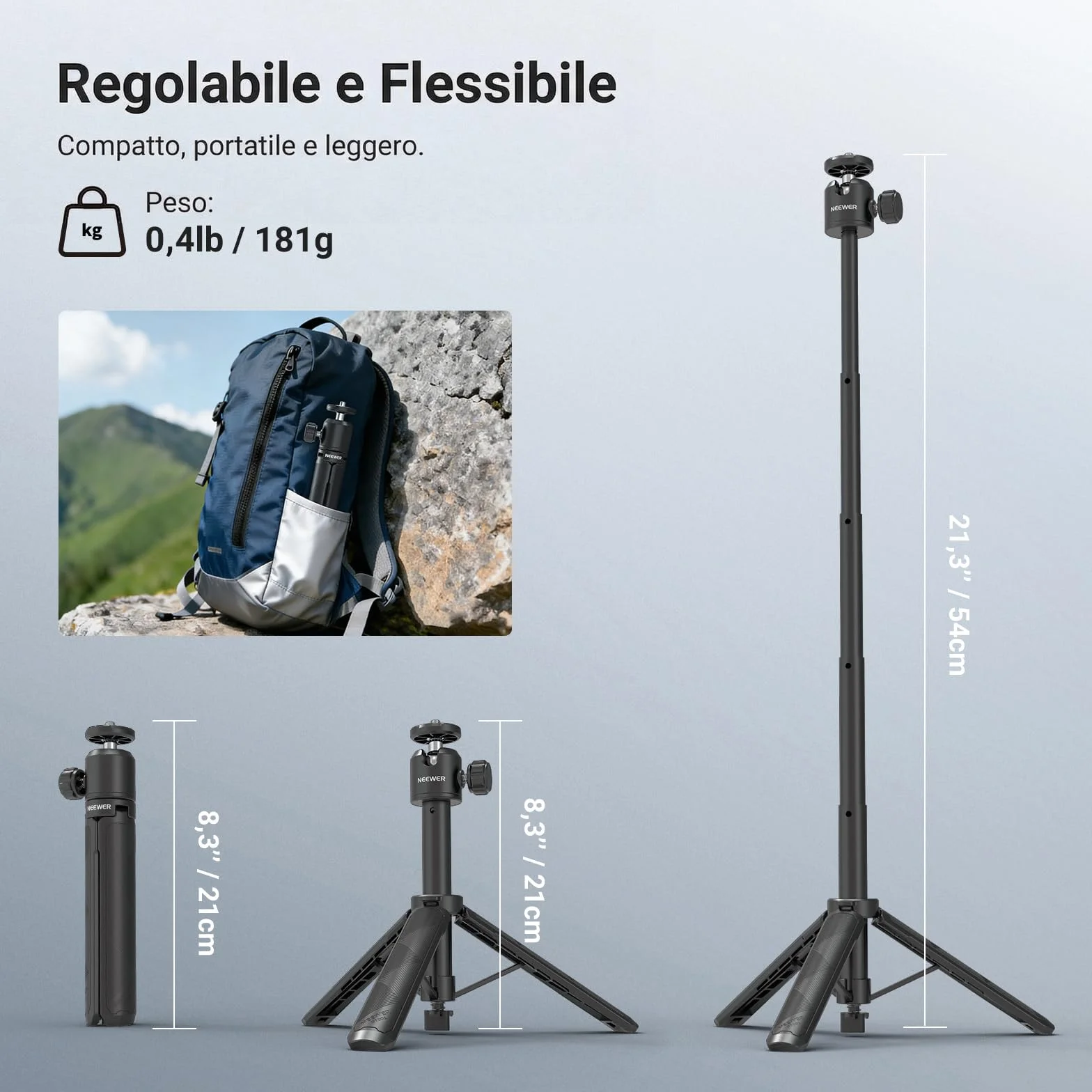 NEEWER BASICS Treppiede Selfie Stick Estensibile, Impugnatura Supporto Portatile in Metallo Compatibile con Canon G7X Mark III Sony ZV-1 RX100 VII A6400 A6600 Nikon Camera Webcam per Vlogging, DT001