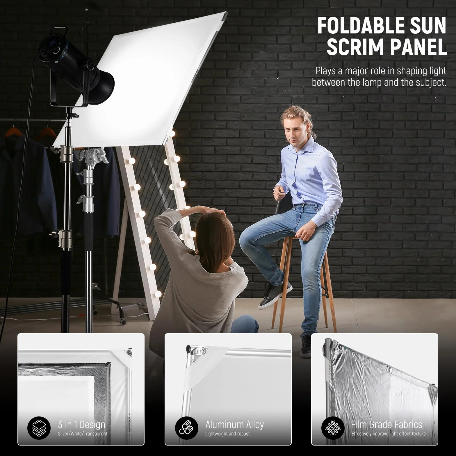 NEEWER Kit di Pannello Diffusore di Luce Scrim con Pellicola Riflettente Argenta/Bianca, Telaio Pieghevole da 35"x35" con Maniglie Baby Pin 5/8" per Stativo C Diffusore 3 in 1 per Fotografia, SF9090F