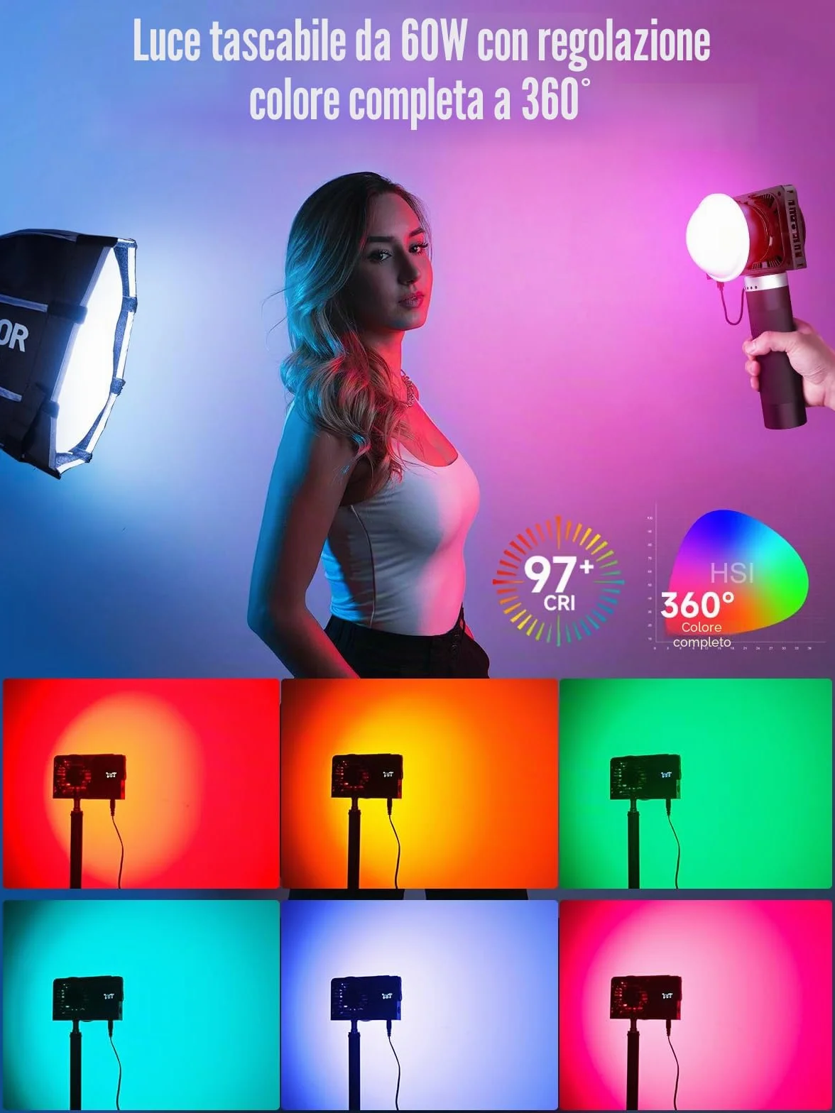COLBOR Wonder W60R 60W RGB Luce Video Portatile 345g Illuminazione Continua Controllo APP con DC/Tipo C per Interni ed Esterni Filming Interviste Live Streaming, Luce-Video-Fotografia-LED-RGB