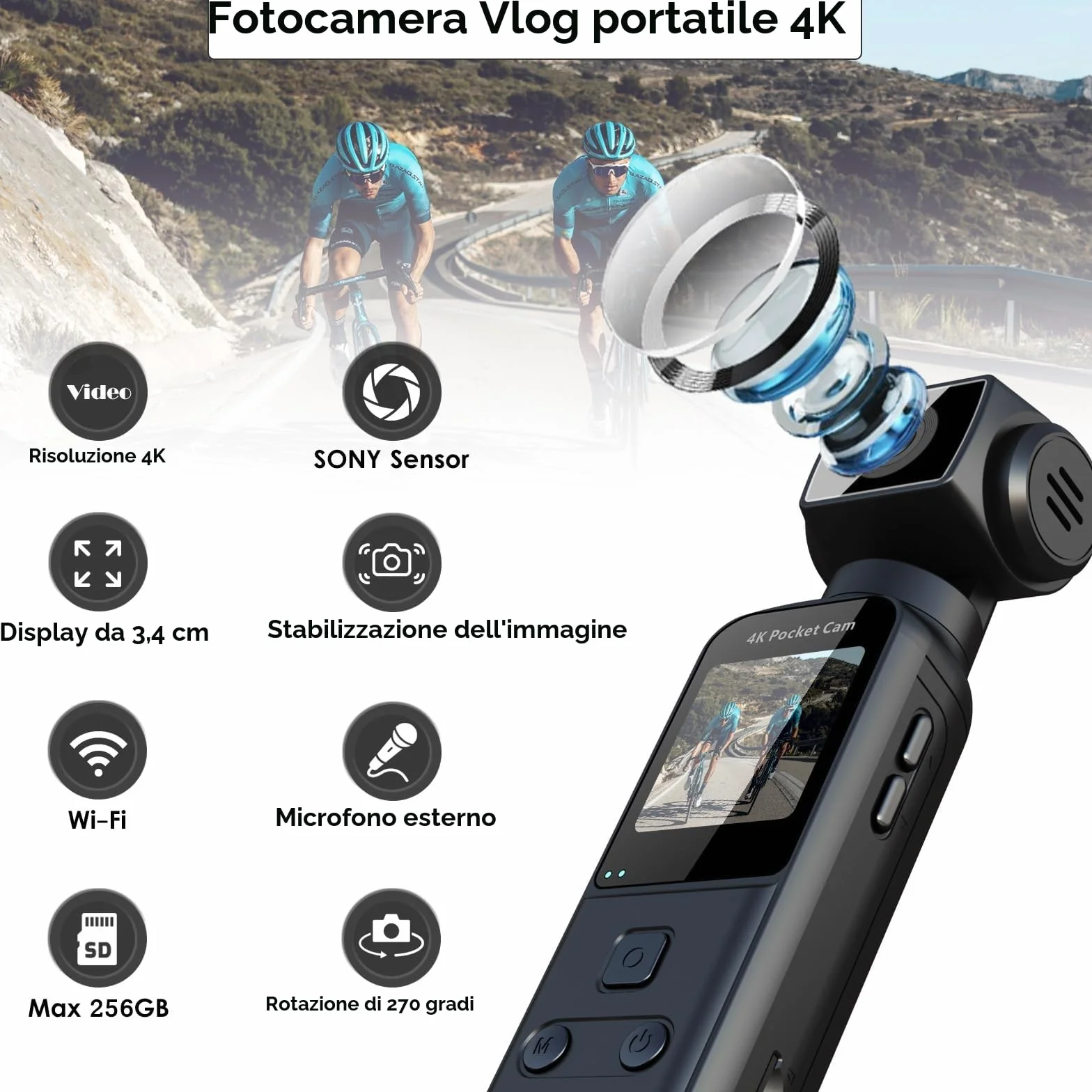 ydi Telecamera da Corpo 4K con Microfono Esterno, Video & Audio Mini Vlog Videocamera Tascabile Rotazione 270° Telecamera per Sport, Bici, Viaggi, Strumento di Polizia, 64 GB Inclusi