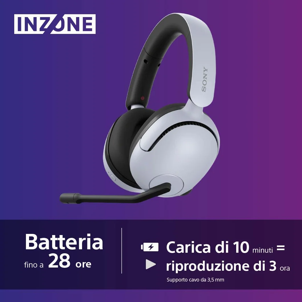 Sony INZONE H5 - Cuffie gaming wireless, Suono spaziale 360°, Batteria 28h, Microfono AI, Compatibili PC PS5, Bianco
