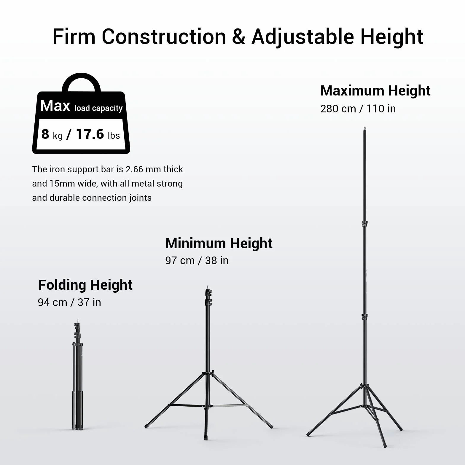 SMALLRIG Supporto per Luce Fotografica 110"/280cm, Supporto per Treppiede in Alluminio Ammortizzato ad Aria con Vite da 1/4 per Softbox, Luce da Atudio e Riflettore, Carico Massimo 8kg, RA-S280-3736