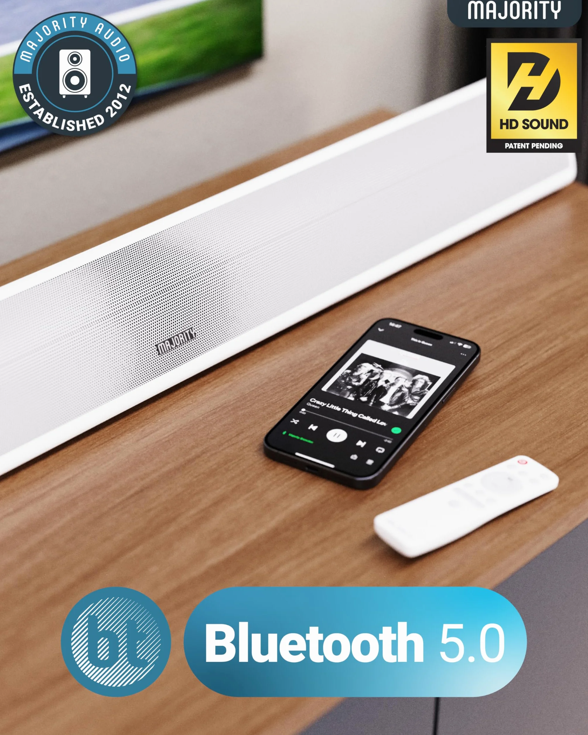 MAJORITY Soundbar Bluetooth per TV | Soundbar stereo montabile a parete | 120 Watt e audio 2.1 canali | Soundbar con subwoofer integrato, telecomando incluso Snowdon Sound bar, connessione multipla