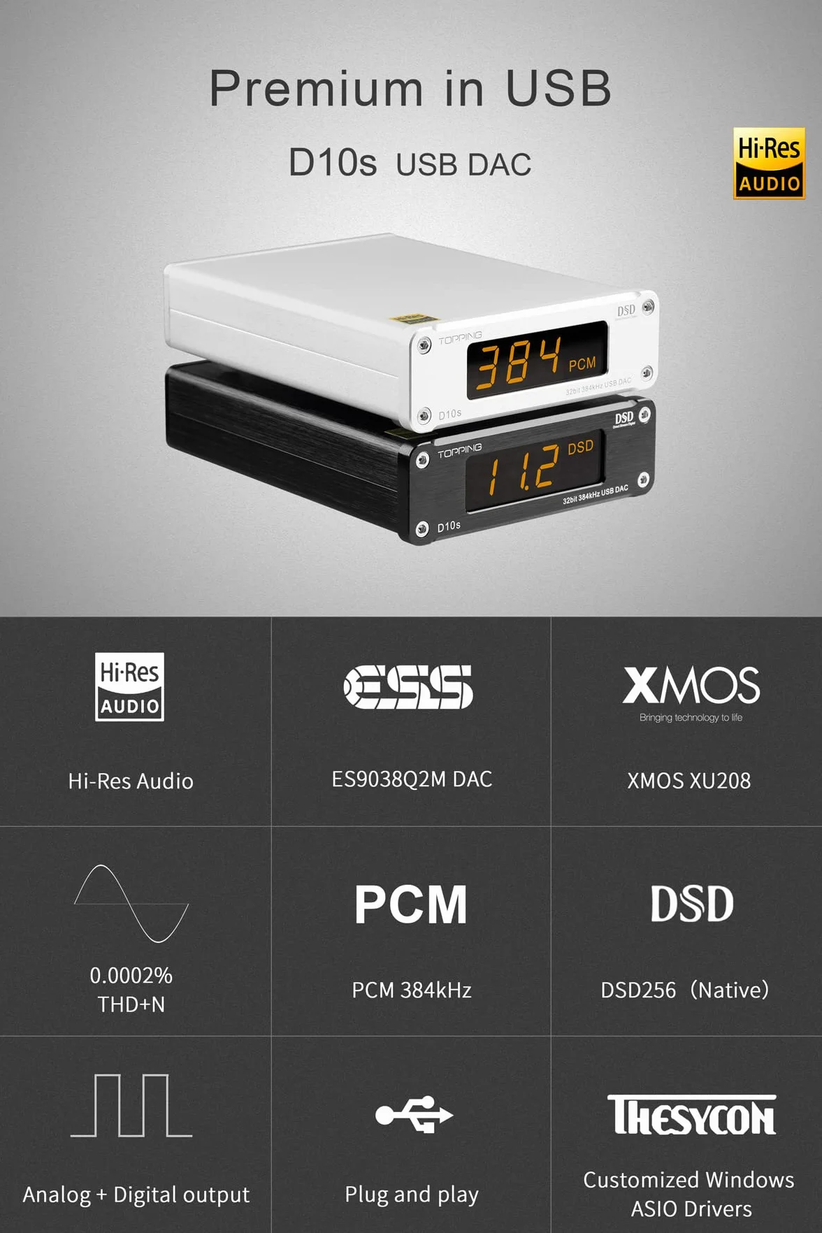 Topping D10s Mini USB DAC ES9038Q2M XMOS XU208 PCM384kHz DSD256 Amplificatore audio nativo Decodificatore Nero