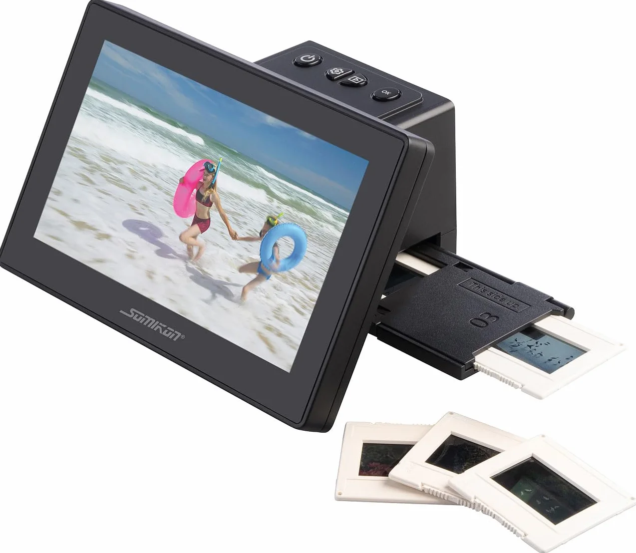 Somikon scanner di diapositive: Scanner per diapositive e negativi autonomo, 25 MP, display a colori IPS da 7" / 17,8 cm (digitalizzatore dia, digitalizzare, fotocamera)