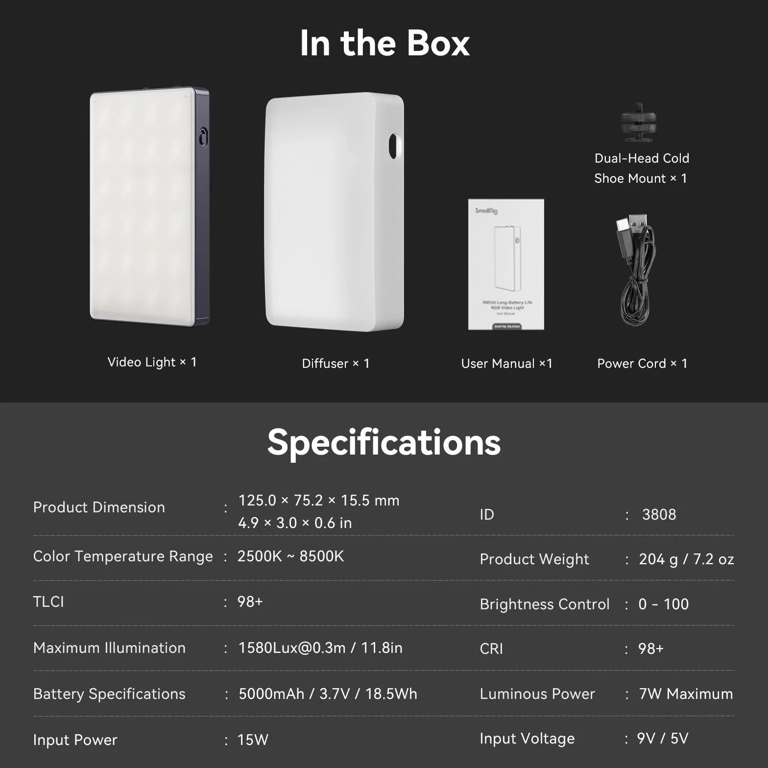 SMALLRIG RGB Video Light, RM120 Portatile On Camera Light, 5000mAh 2500K-8500K CRI 98+, Illuminazione per videoconferenza professionale Full Color LED Light Panel per Vlog, Photography - 3808