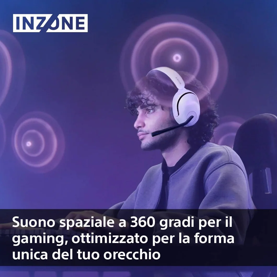 Sony INZONE H5 - Cuffie gaming wireless, Suono spaziale 360°, Batteria 28h, Microfono AI, Compatibili PC PS5, Bianco