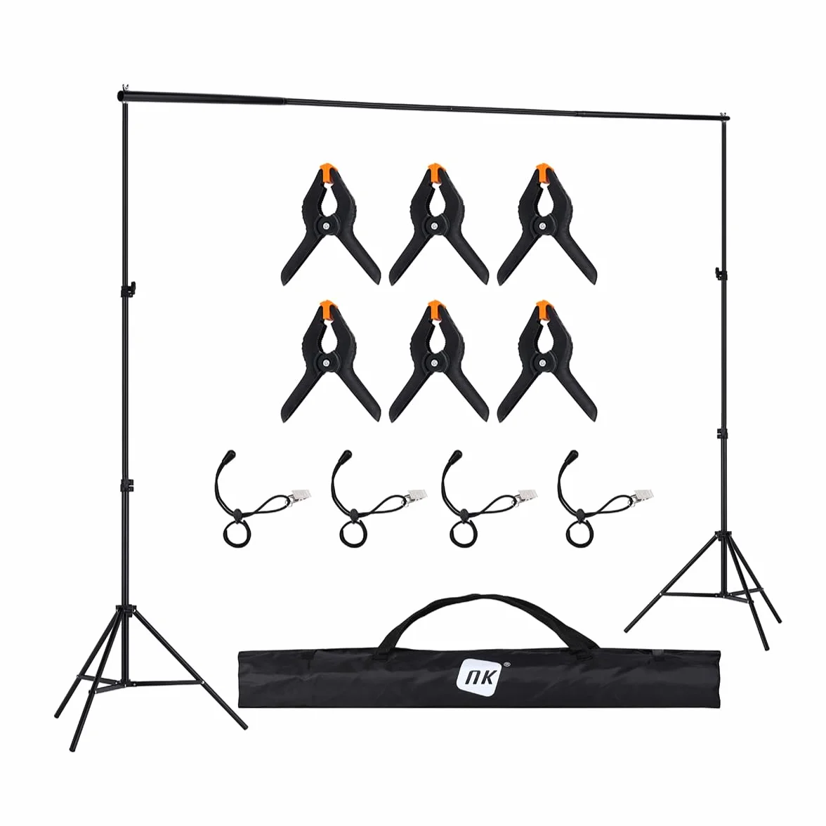 Supporto per fondale fotografico professionale NK 2 x 3 metri, regolabile e retrattile, 2x treppiede, 1x barra trasversale interconnessa, 6x mollette, 4x fascette laterali in velcro, 1x borsa