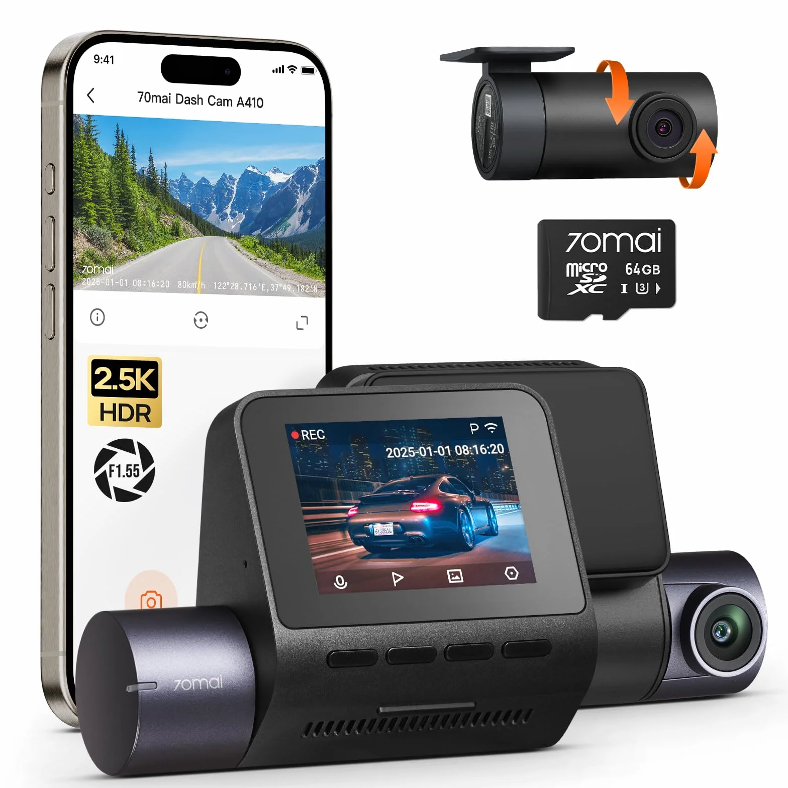 70mai Dash Cam Anteriore e Posteriore A410, Doppia Dashcam 2.5K+1080P HDR, Visione Notturna Super, Apertura F1.55, Modalità Parcheggio 24H, WiFi GPS, G- Sensor, Registrazione in Loop, Include 64GB SD