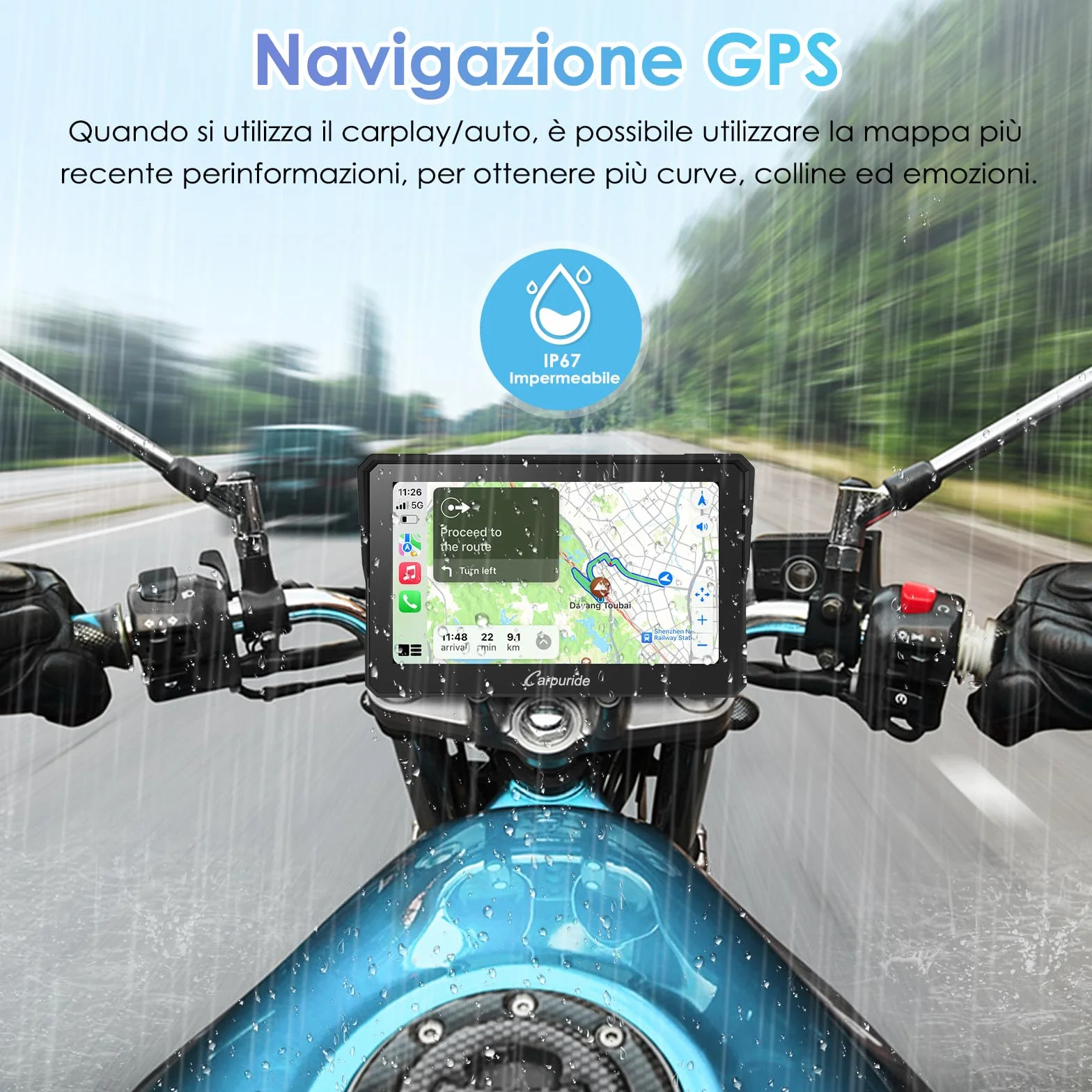 Carpuride W702 Schermo CarPlay Moto 7" Touchscreen Impermeabile GPS Bluetooth