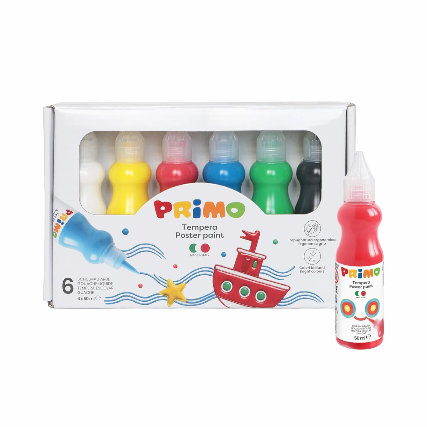 PRIMO - Tempere Ergonomiche per Dipingere, 6 Colori per Bambini 4+ Anni da 50 ml Cartoleria, Pittura, Lavoretti Creativi e Didattica - Tempera Pronta all'Uso su Più Superfici, Colore Vivo Miscelabile