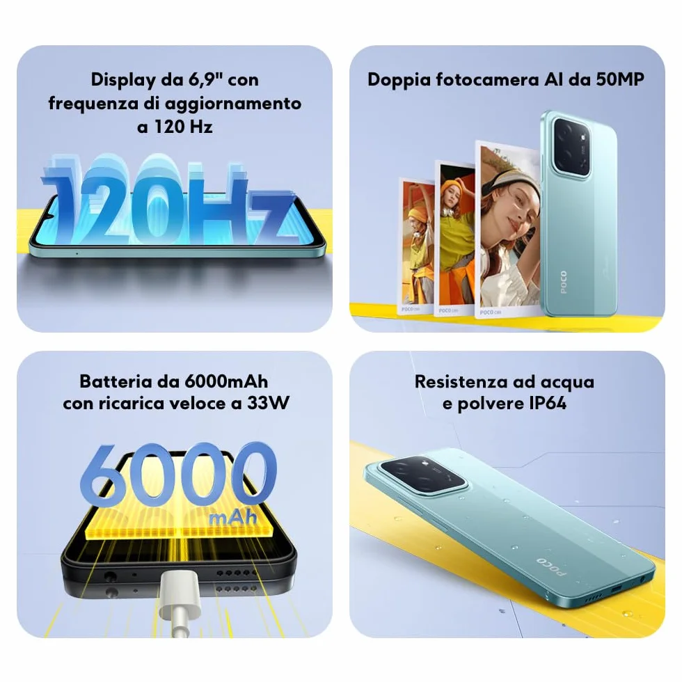 XIAOMI POCO C85, Smartphone 6+128GB, Display 6,9" 120Hz 7,99mm Design, MediaTek Helio G81-Ultra Octa-core, Doppia fotocamera AI da 50MP, 6000mAh, garanzia di 2 anni, Nero, Caricabatteria non incluso